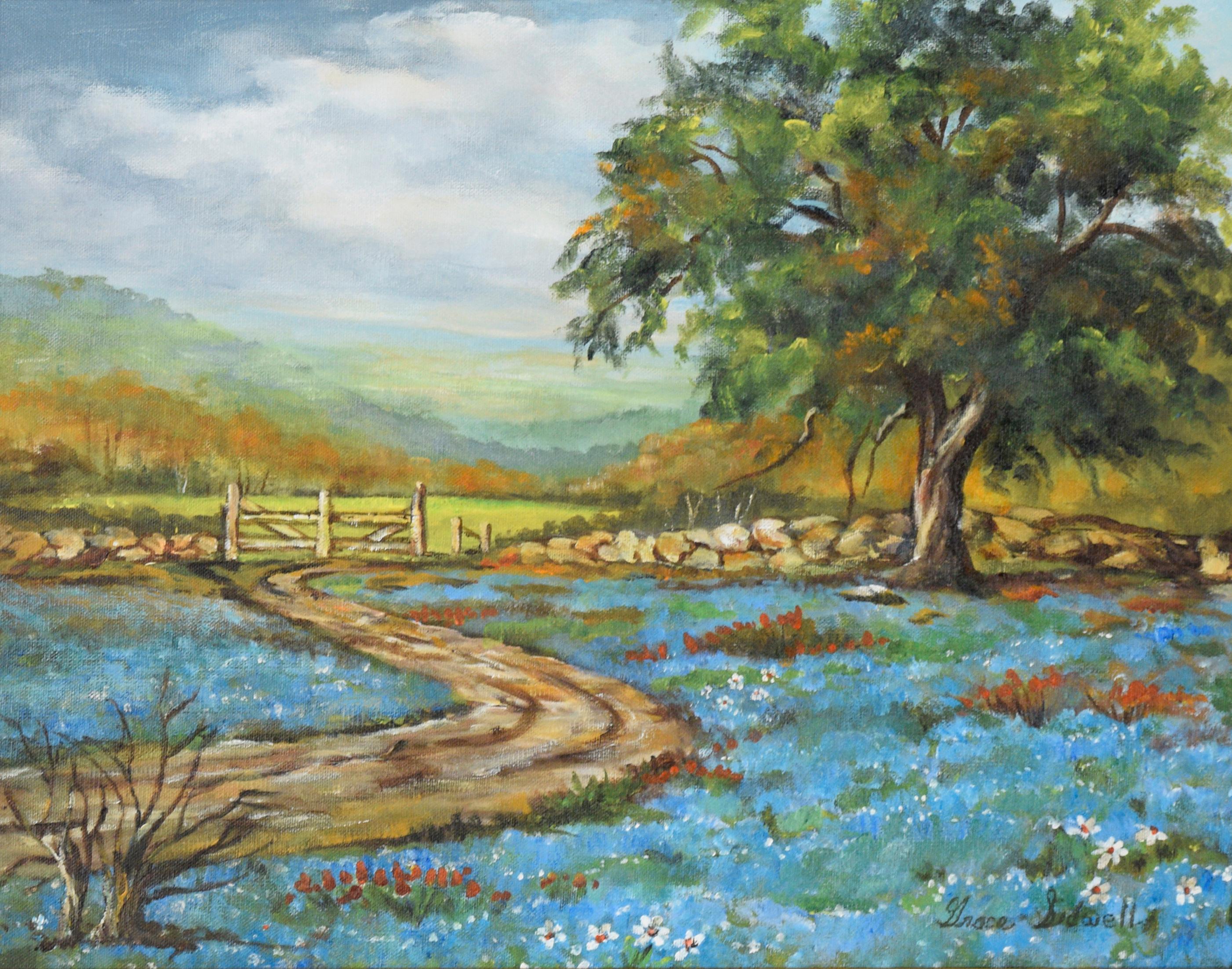 Wildflowers Blooming Under the Oak - Landscape - Painting by Grace Sidwell