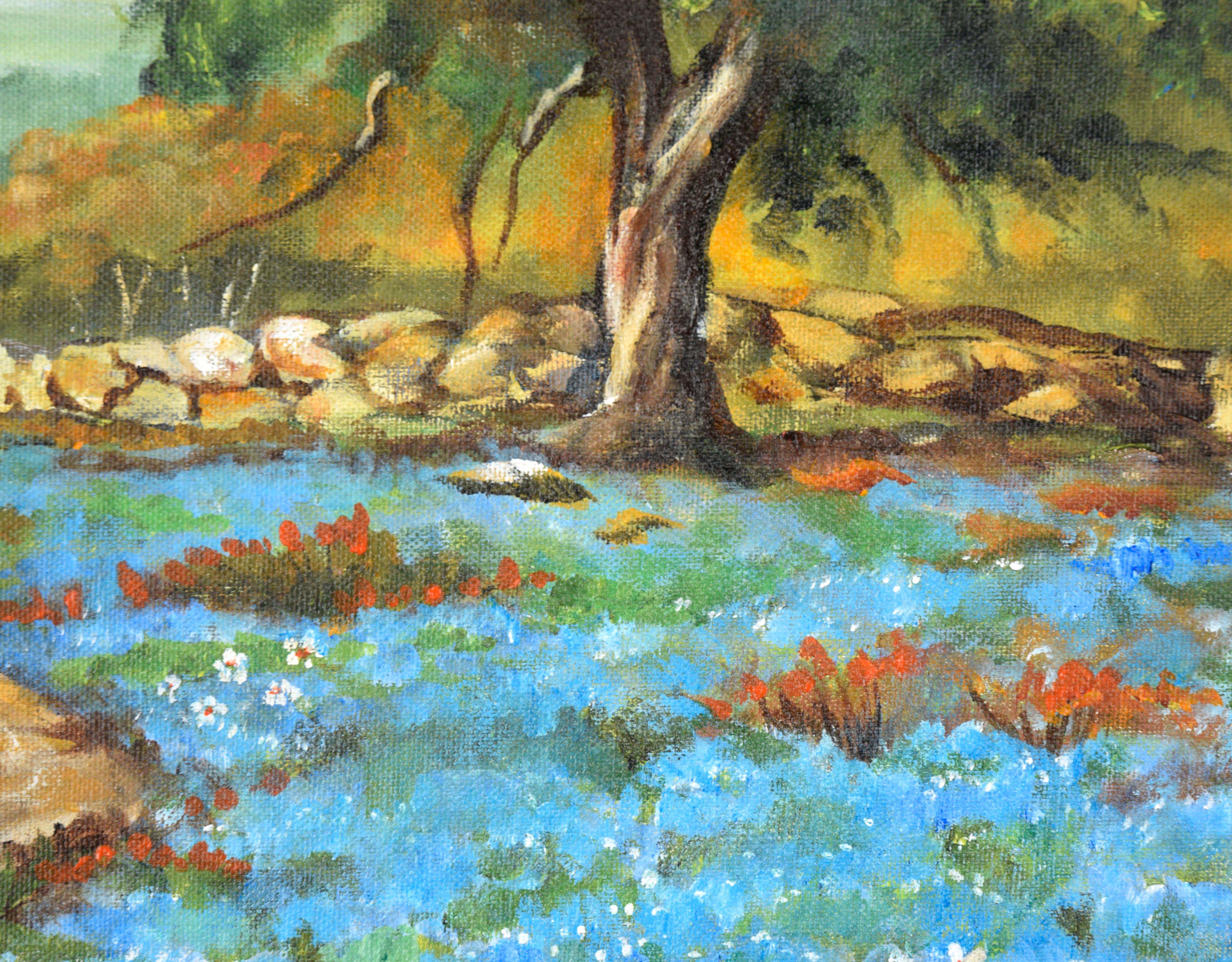 Wildflowers Blooming Under the Oak - Landscape - Brown Landscape Painting by Grace Sidwell