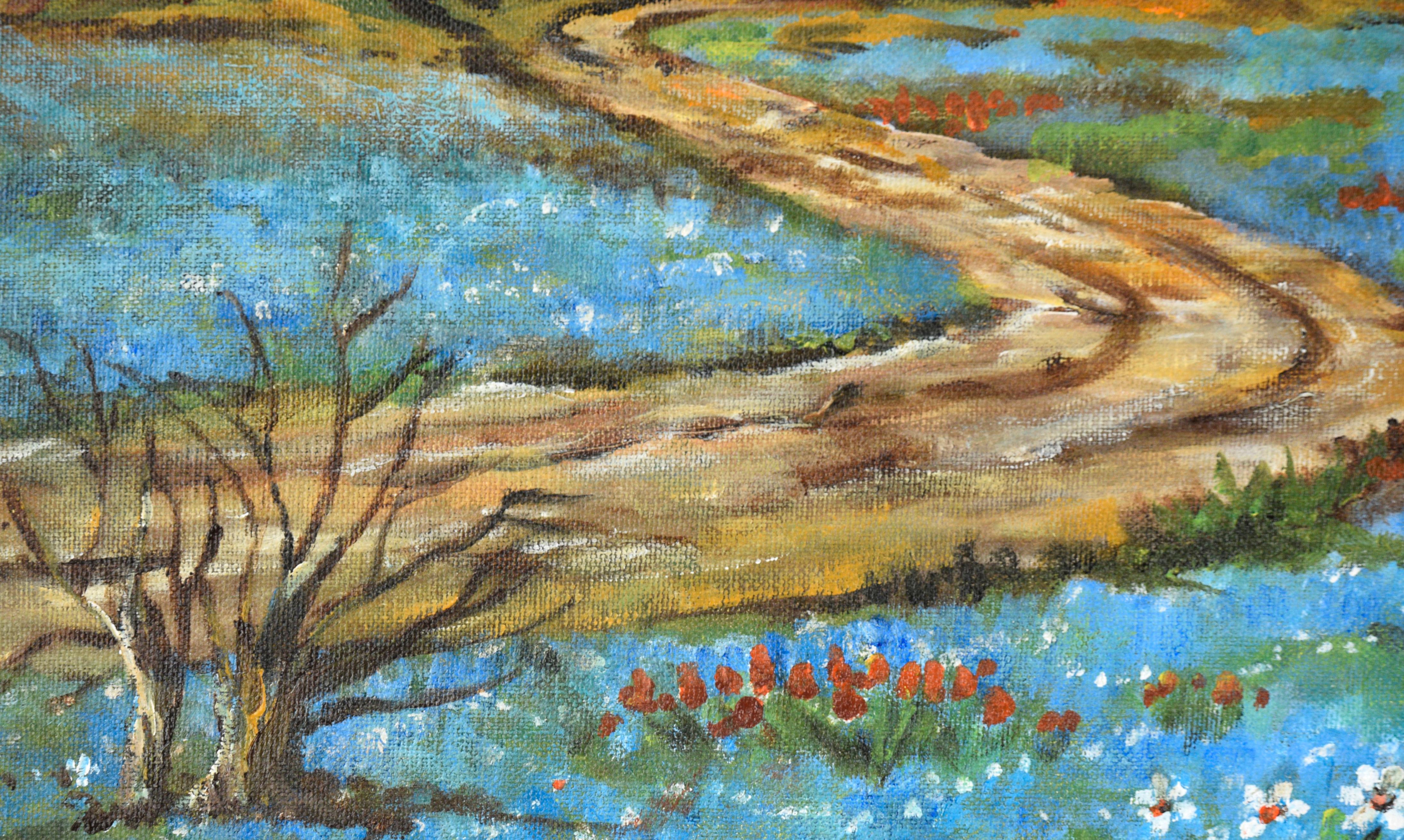 Vibrant landscape by California artist Grace Sidwell (American, 1920-2013). Bright blue, red and white flowers carpet the foreground, with a dirt path cutting through the field. The path leads to a wooden gate and stone wall, which passes just