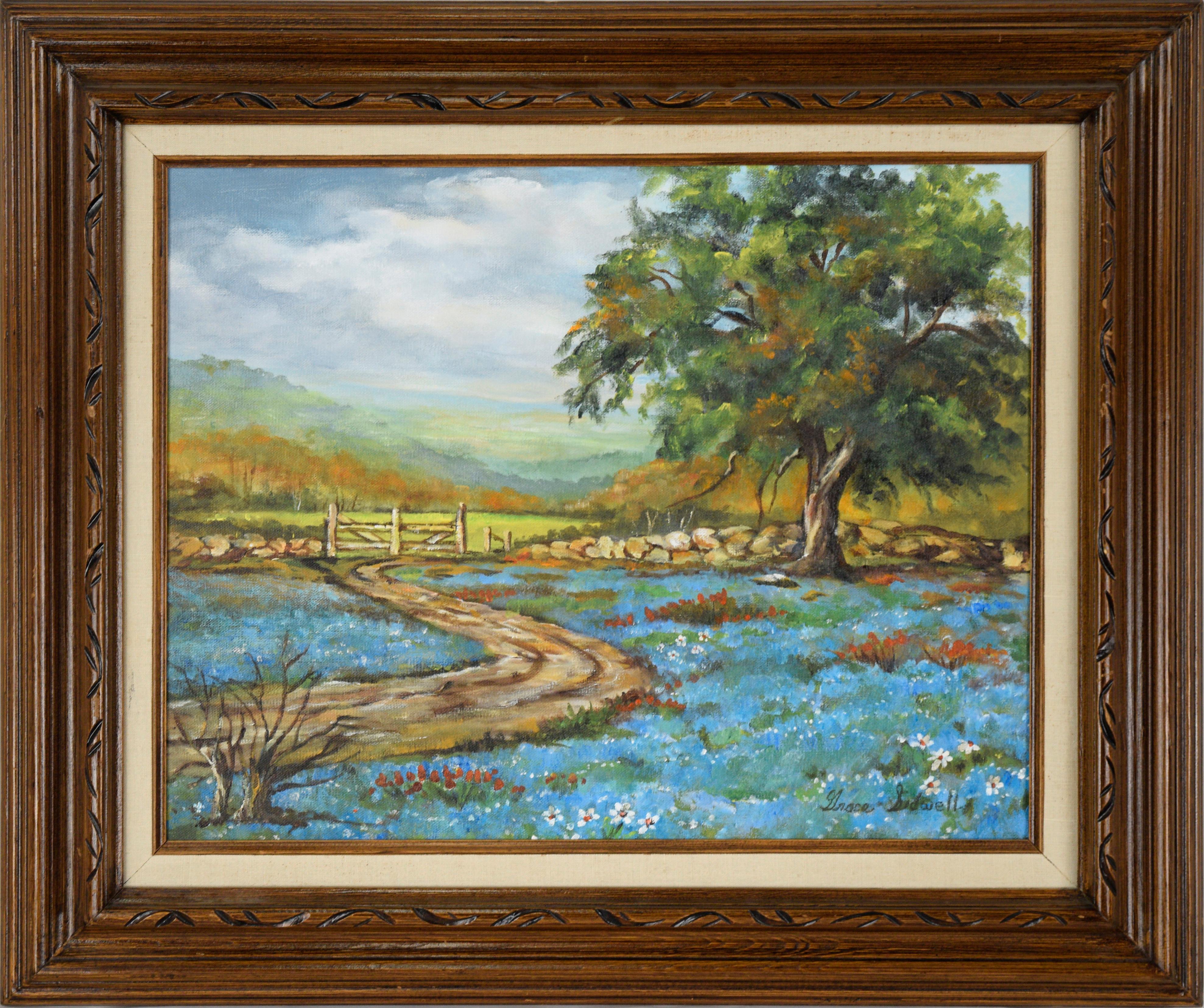 Grace Sidwell Landscape Painting – Wildblumen blühend unter der Eiche – Landschaft
