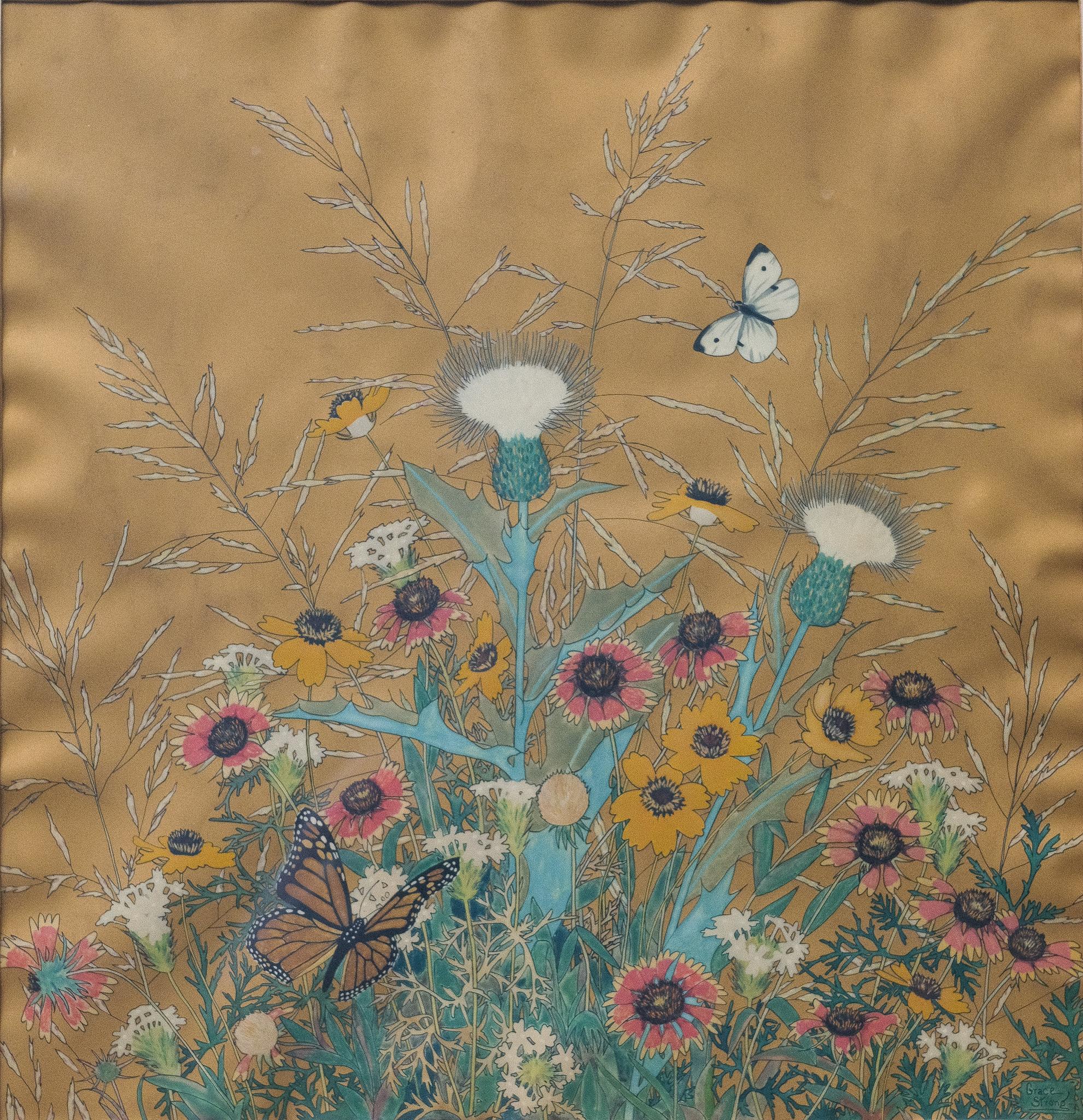Landscape Print di Grace Strong - "Fiori selvatici e farfalle" Litografia a colori Botanica Monarch Thistle Grass