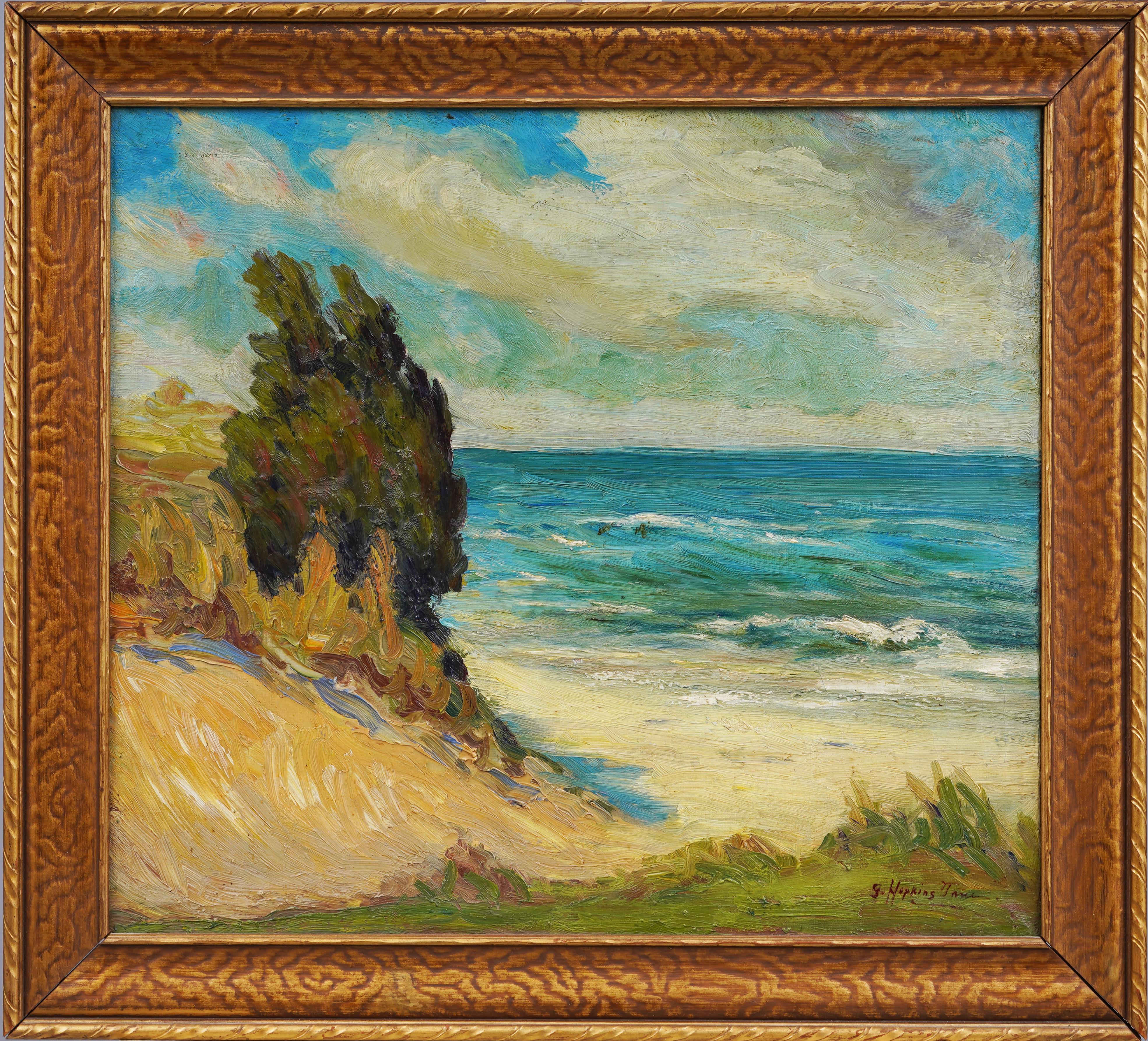 Grace True Landscape Painting – Antikes amerikanisches Ölgemälde, weibliches impressionistisches Strandgemälde, Lake Michigan