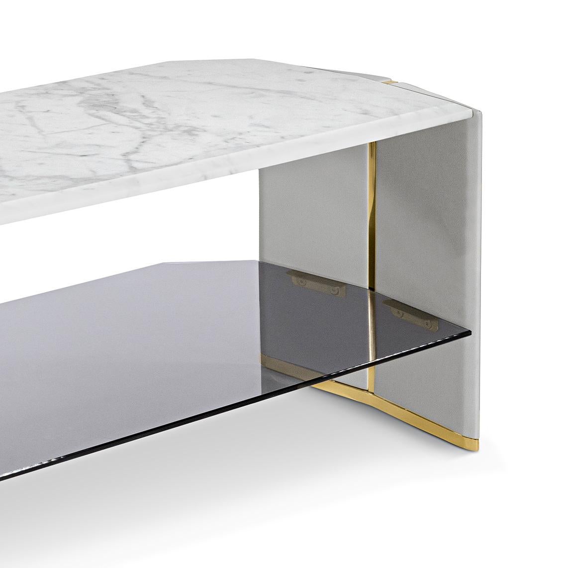 Brass Grace White Marble Low Console Table For Sale