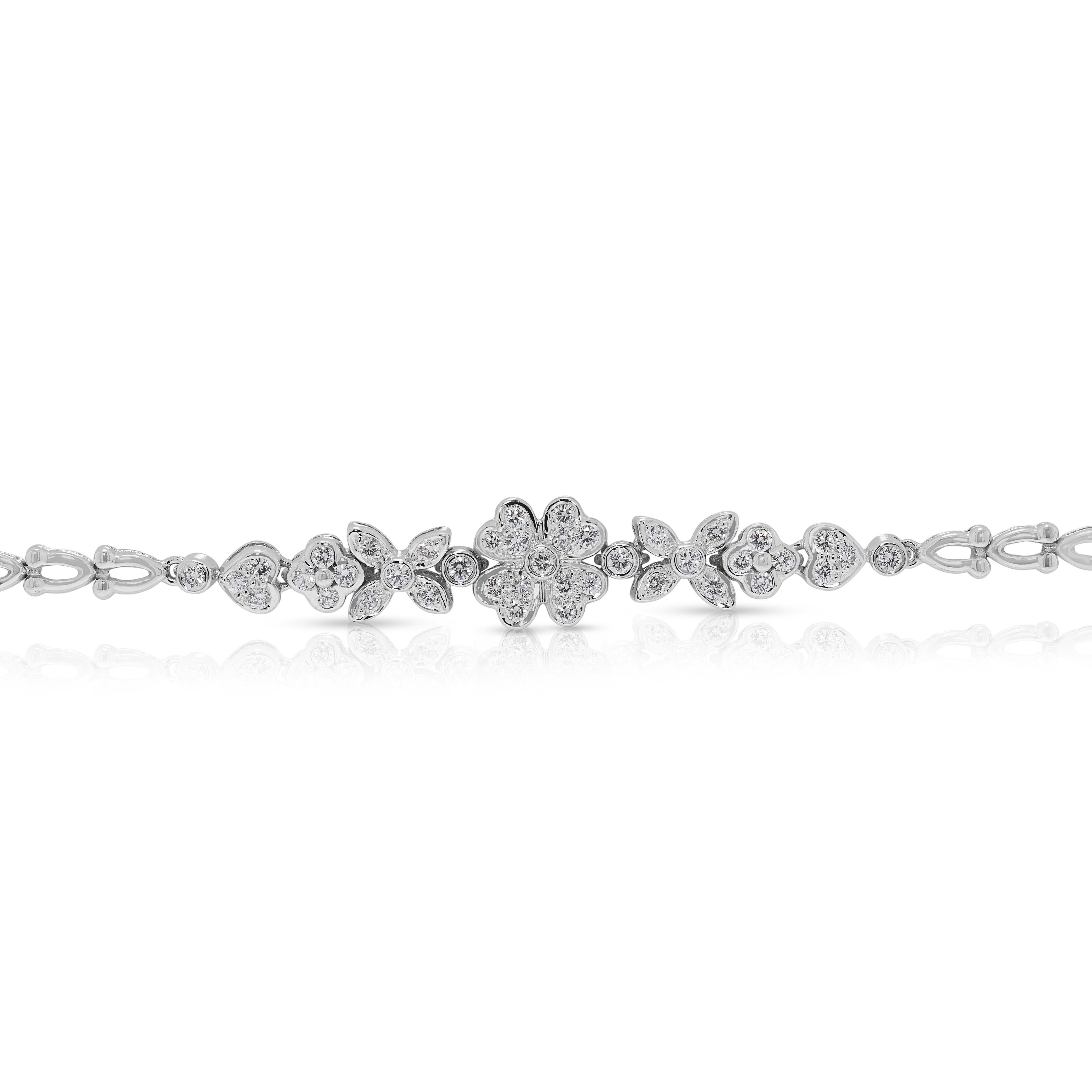Women's Graceful 0.41ct Natural Diamond Floral Bracelet in 18K White Gold For Sale