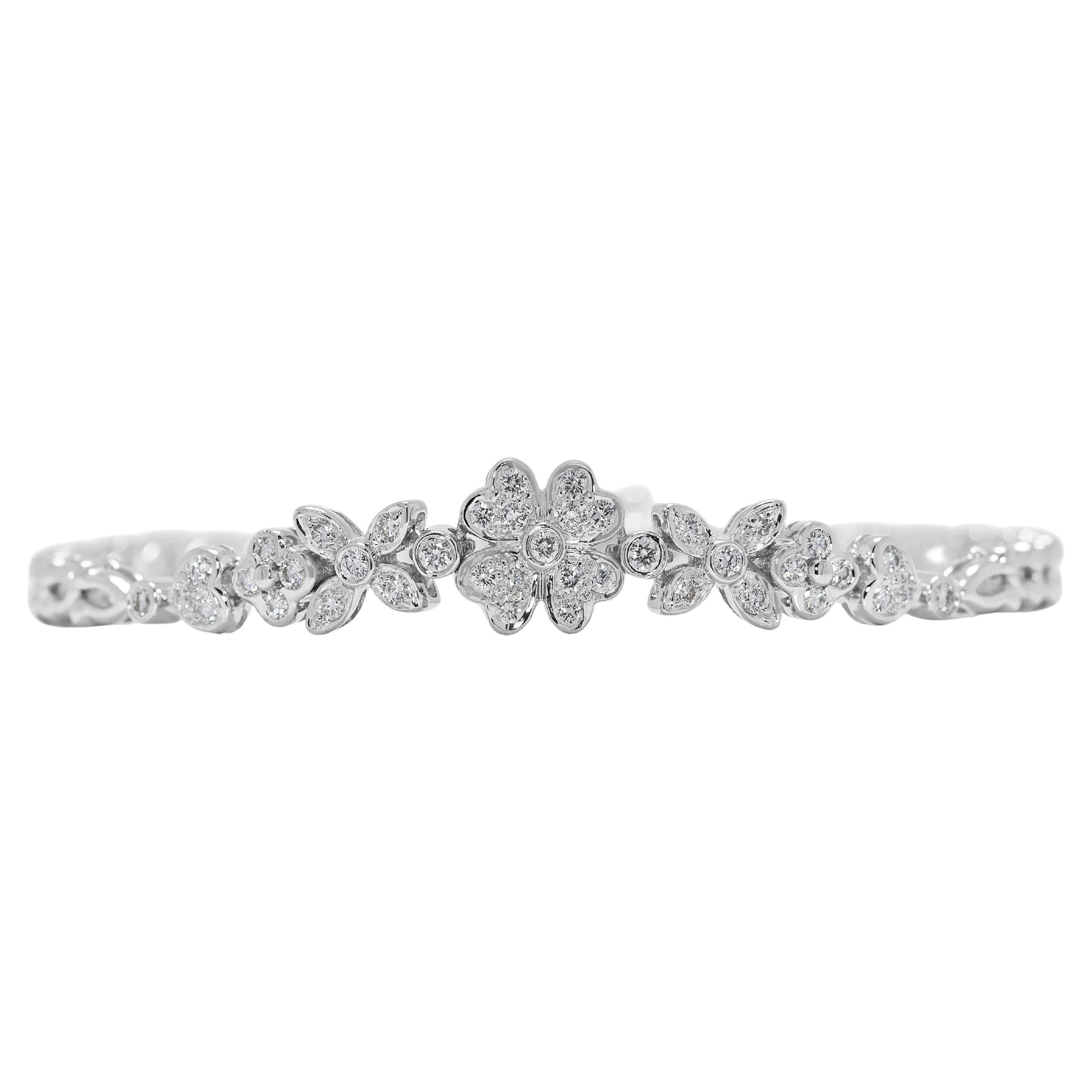 Graceful 0.41ct Natural Diamond Floral Bracelet in 18K White Gold For Sale