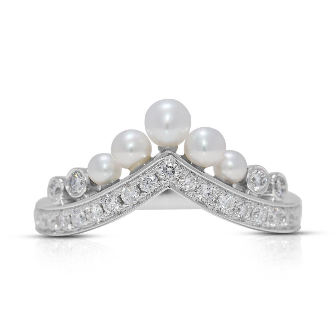 Graceful 0.88ct Natural Diamond & Pearl Chevron 18K White Gold Ring