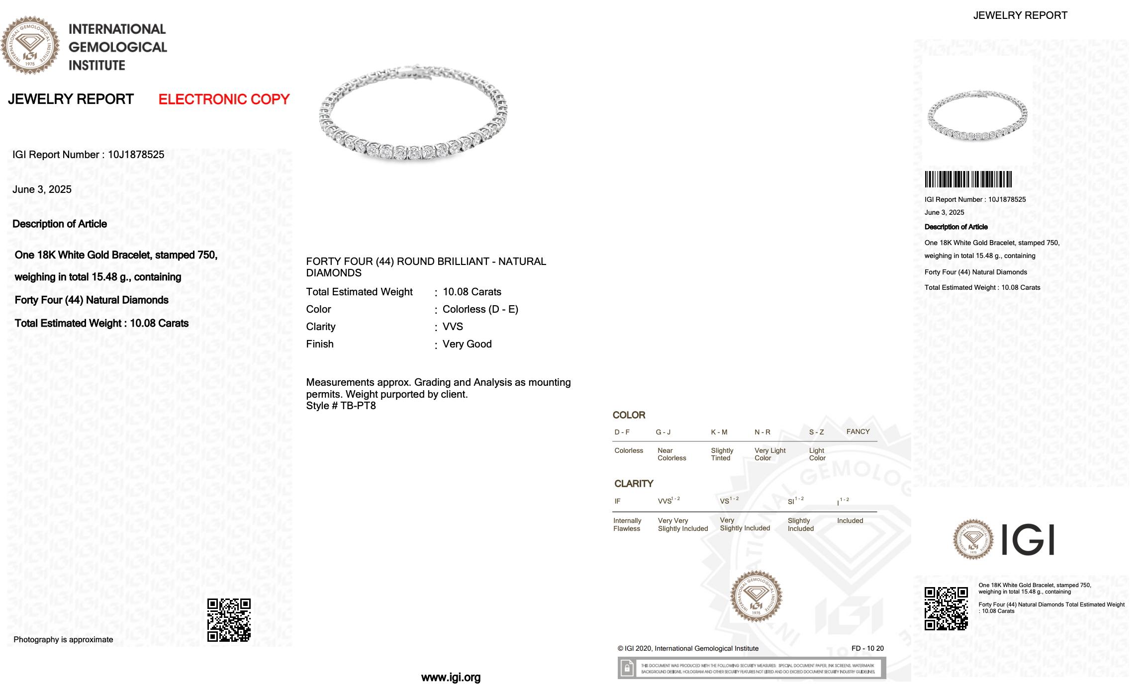 Donna Graceful 10.08ct Diamonds Tennis Bracelet in 18k White Gold - IGI Certified in vendita