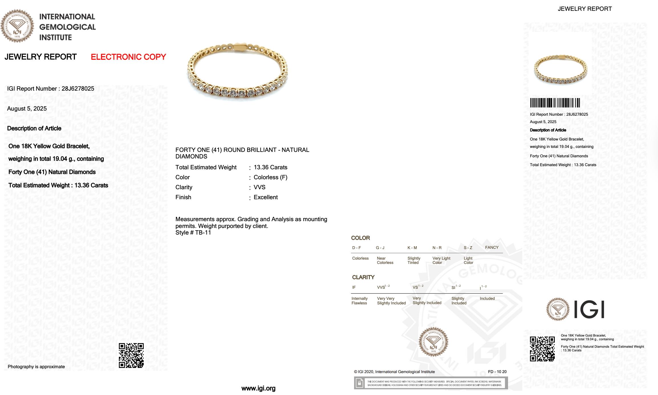 Grazioso bracciale tennis con 13,36 carati di diamanti in oro giallo 18 carati - Certificato IGI in vendita 1