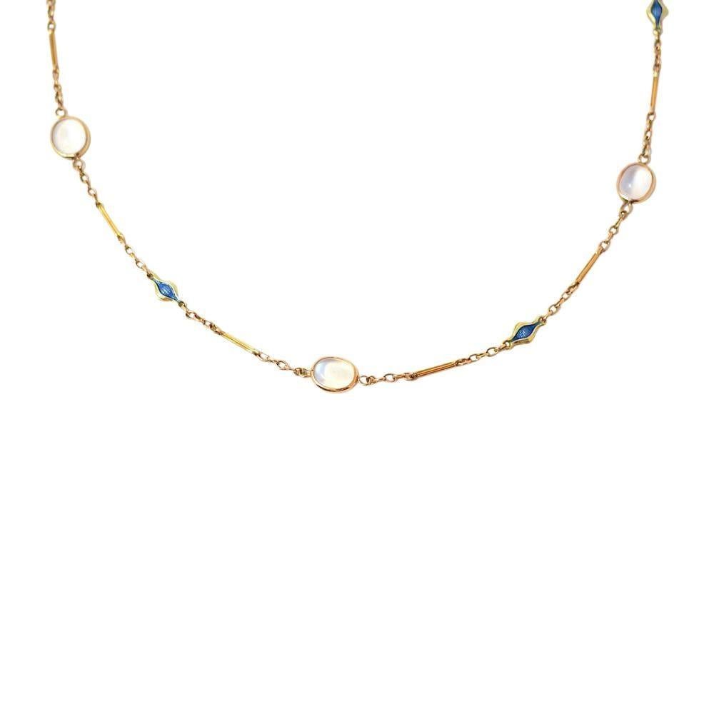Women's or Men's Graceful Art Nouveau Moonstone Enamel 14 Karat Gold Station Necklace