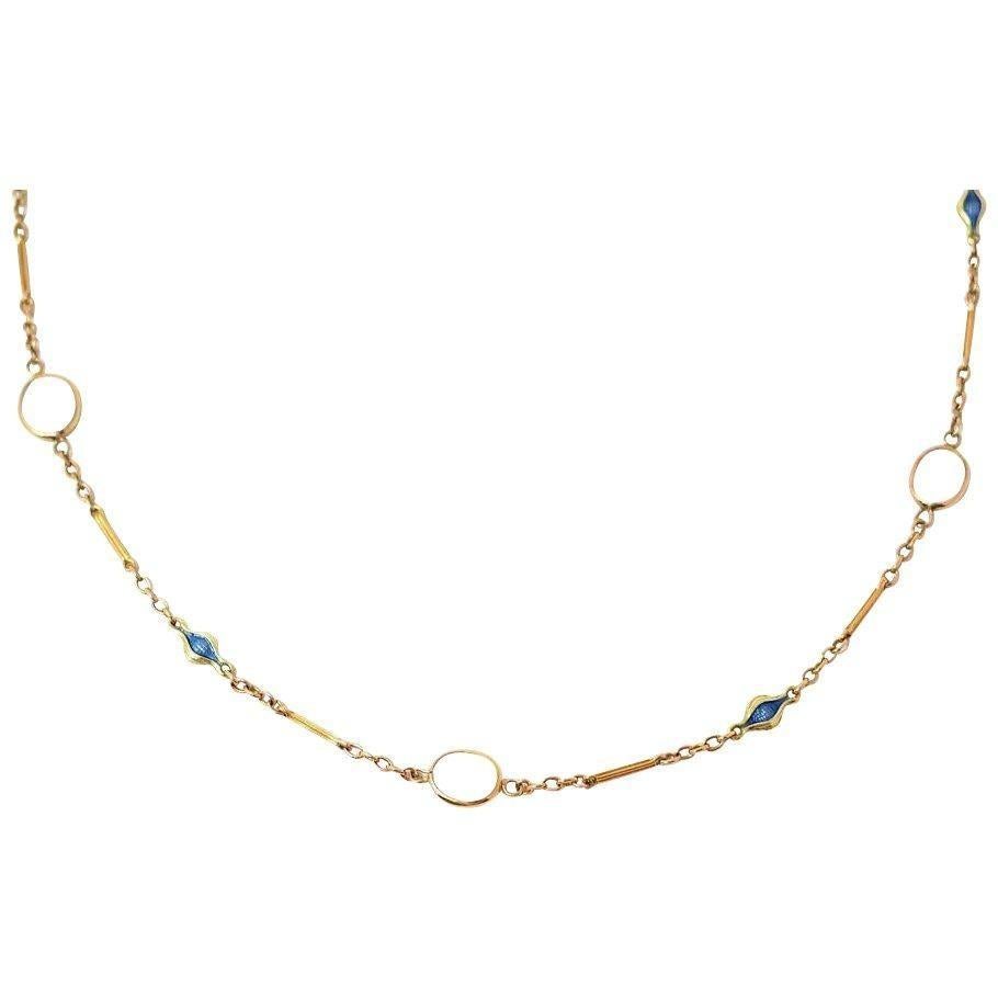 Graceful Art Nouveau Moonstone Enamel 14 Karat Gold Station Necklace