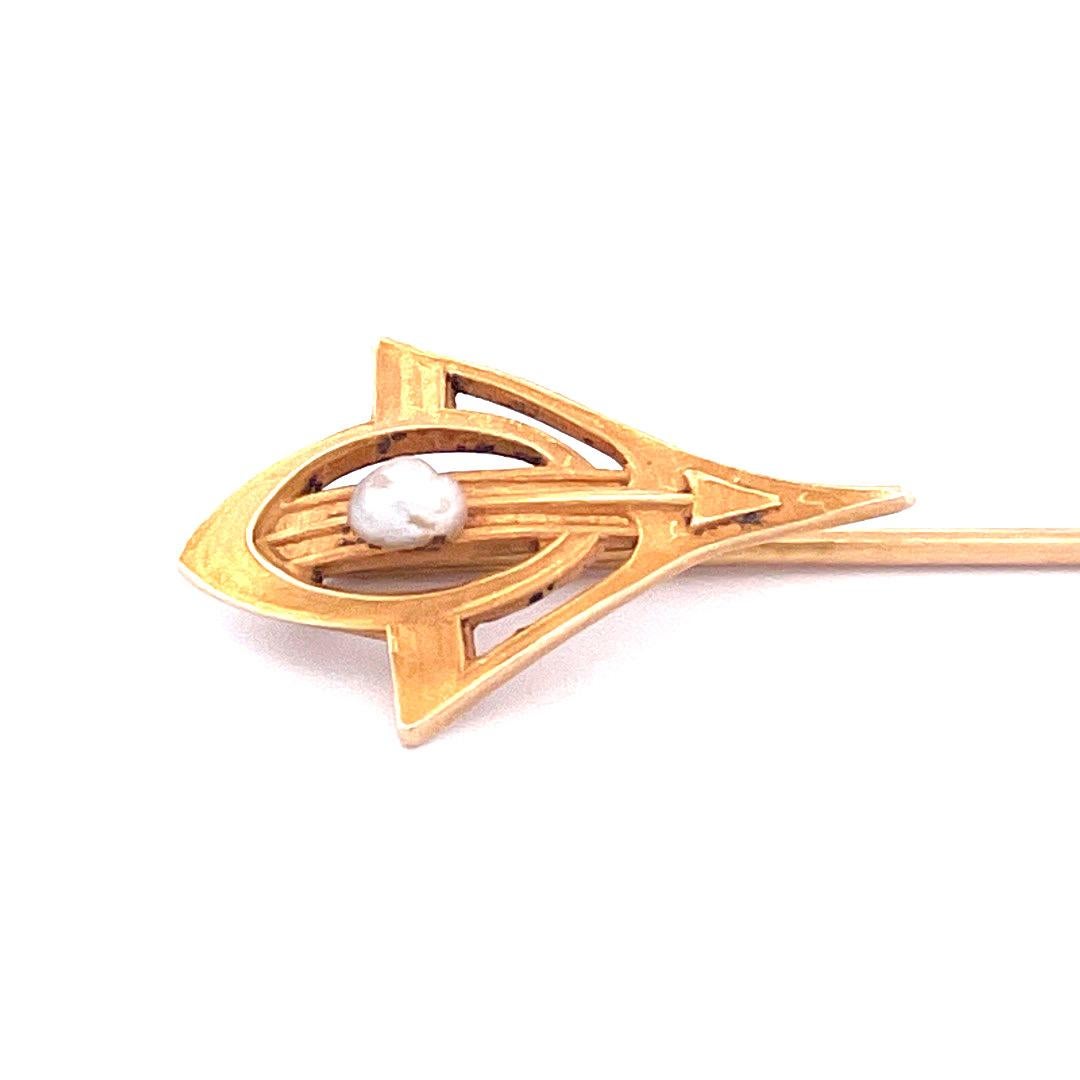 Art Nouveau Graceful 14k Yellow Gold Arrow Pearl Pin For Sale