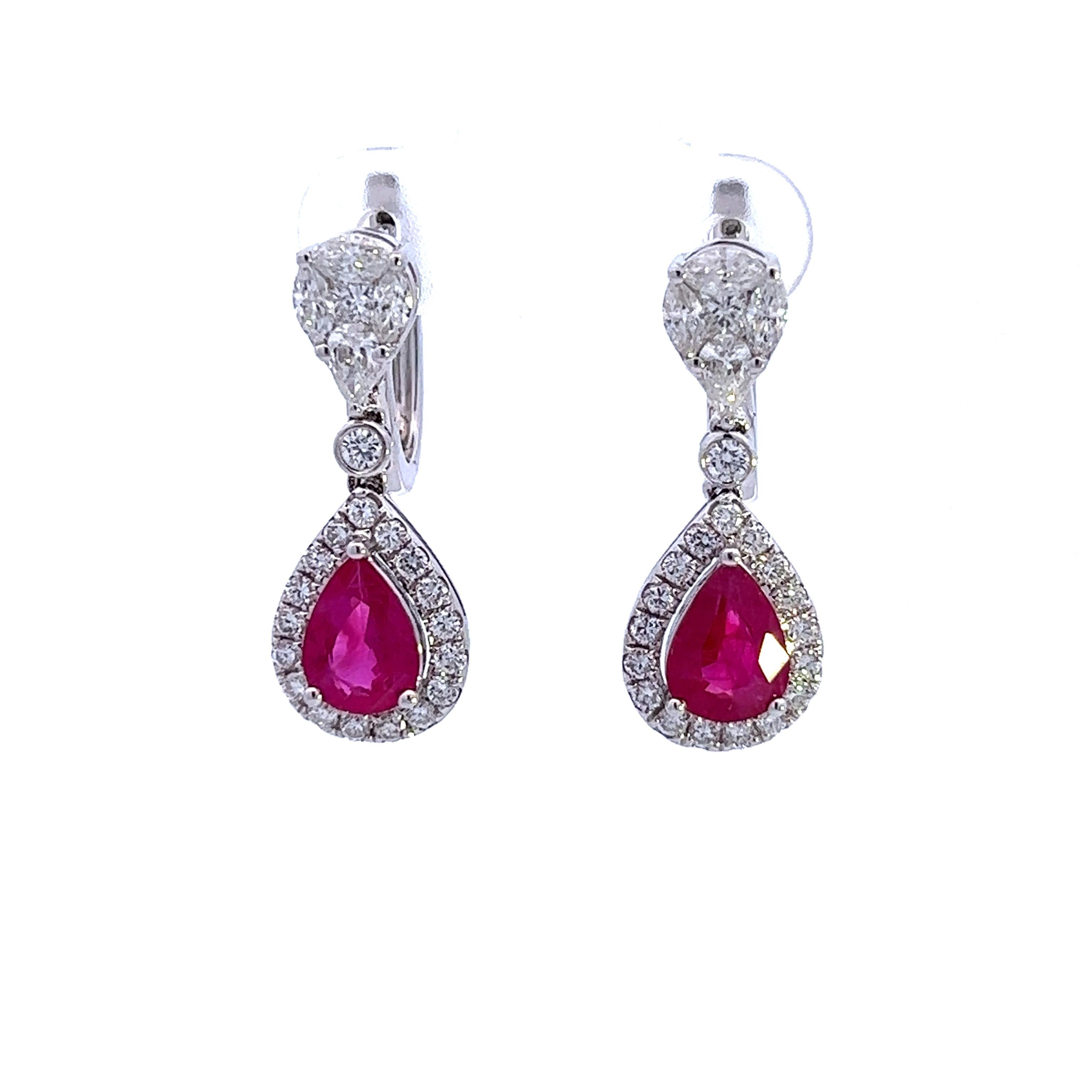 Contemporary Graceful 18 Karat White Gold Ruby and Diamond Earrings - Pear Shape For Sale