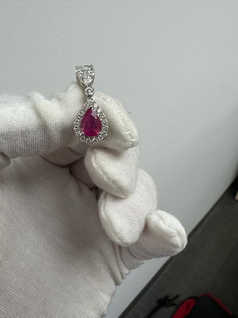 Graceful 18 Karat White Gold Ruby and Diamond Earrings - Pear Shape In New Condition For Sale In Great Neck Plaza, NY
