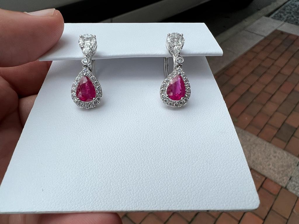 Graceful 18 Karat White Gold Ruby and Diamond Earrings - Pear Shape For Sale 1