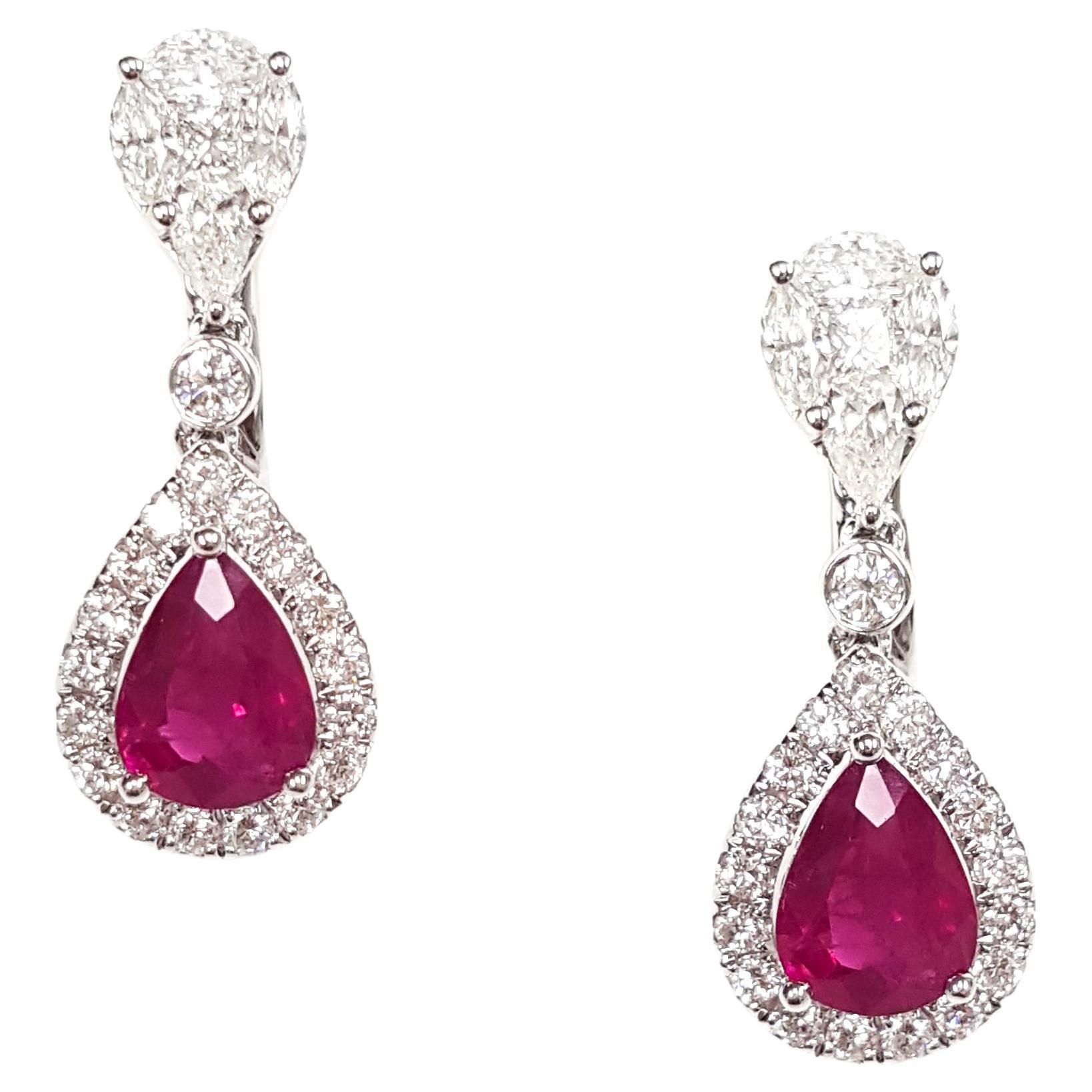 Graceful 18 Karat White Gold Ruby and Diamond Earrings - Pear Shape For Sale