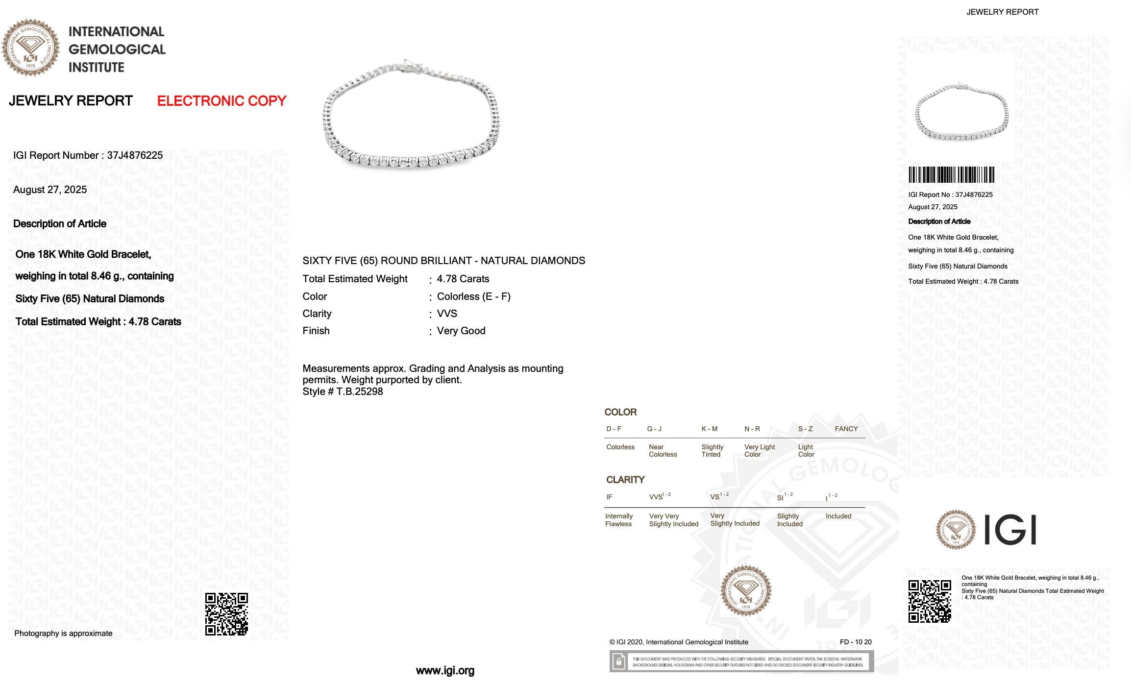 De las mujeres Elegante Pulsera de Tenis de Oro Blanco de 18k con Diamantes de 4,78 ct - Certificado IGI en venta