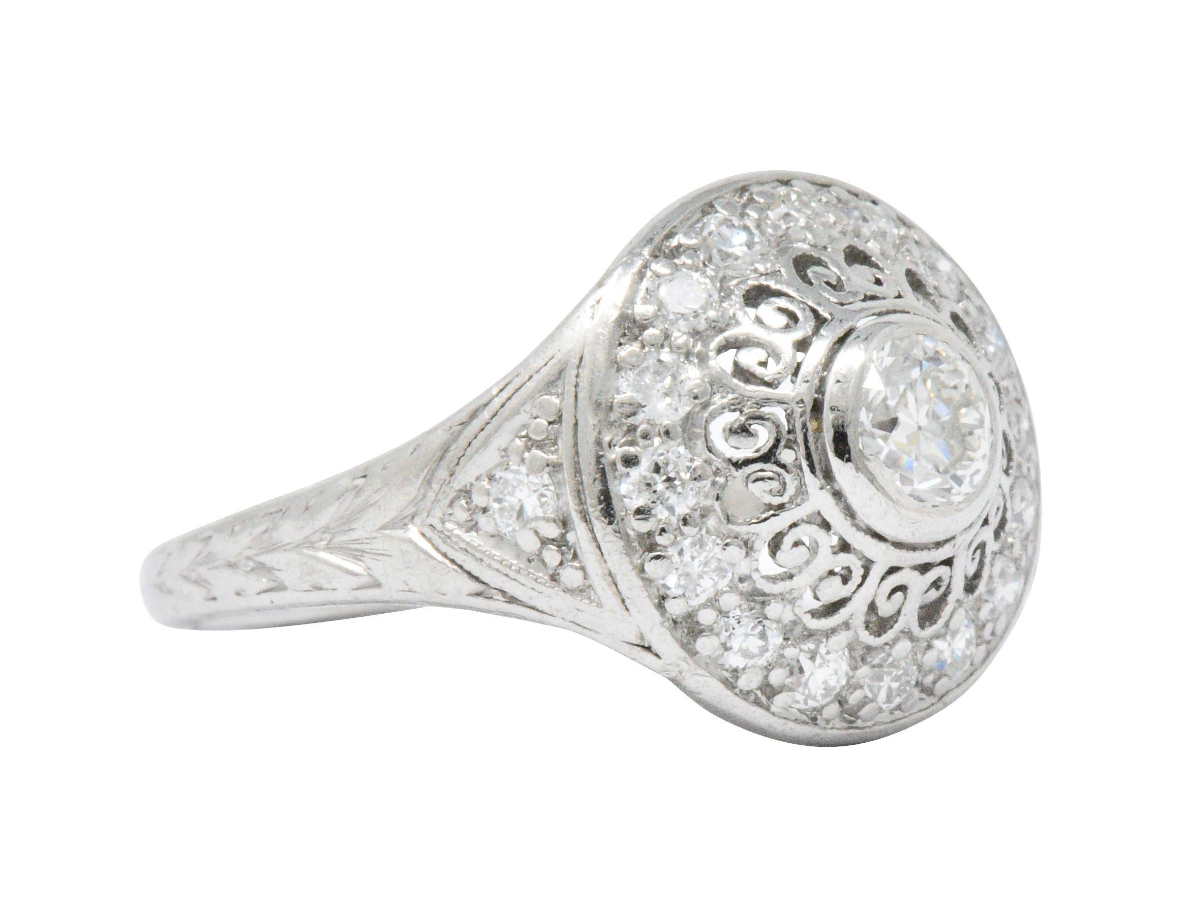 Graceful Art Deco 0.90 CTW Diamond Platinum Filigree Halo Engagement Ring In Excellent Condition In Philadelphia, PA