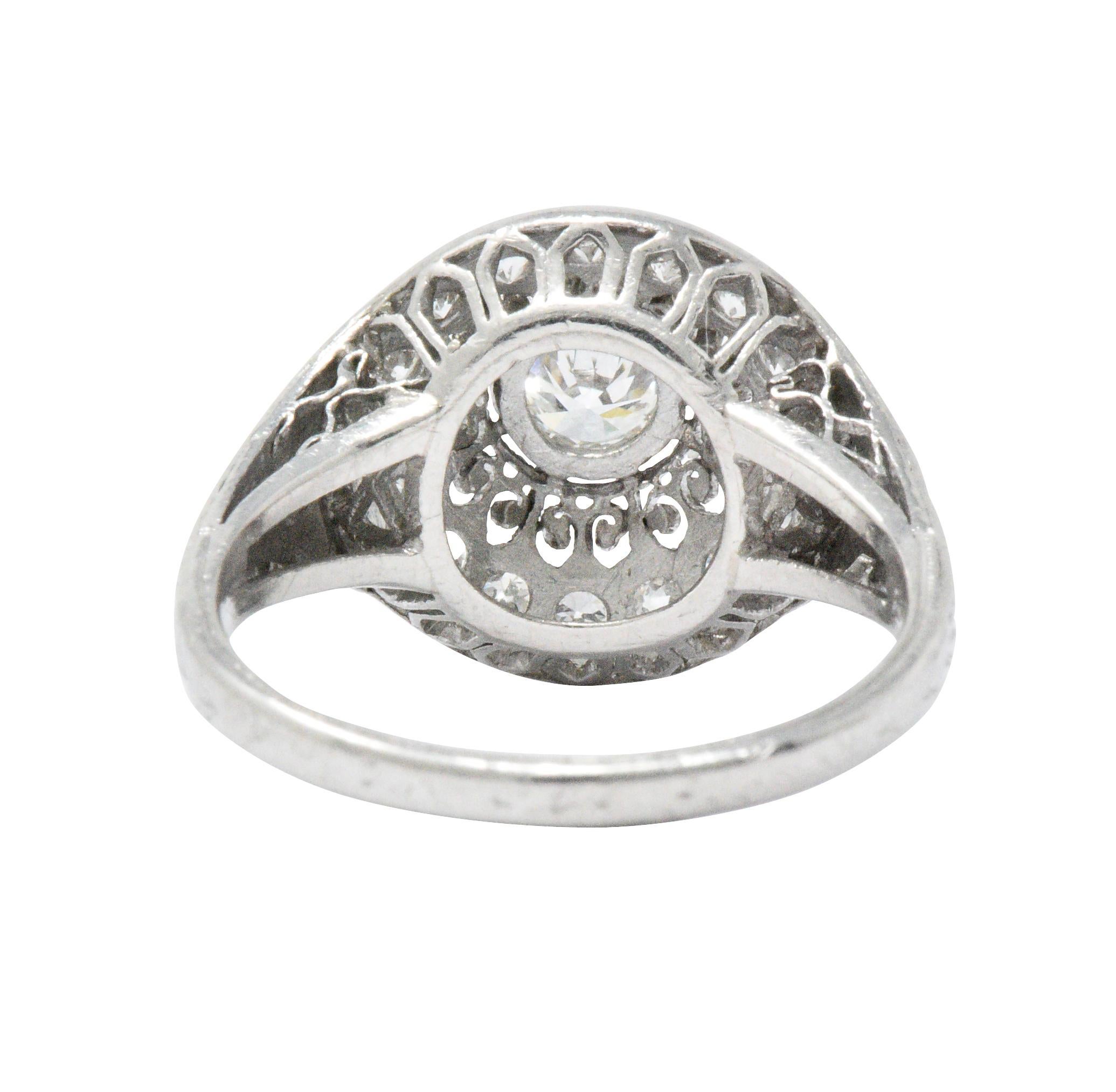 Women's or Men's Graceful Art Deco 0.90 CTW Diamond Platinum Filigree Halo Engagement Ring