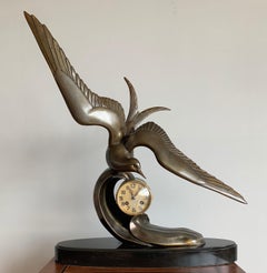 Graceful Art Deco Table / Mantel Clock w Large Stylized Swallow Bird Sculpture