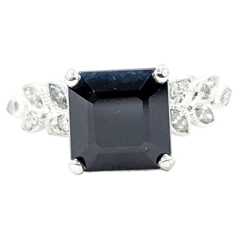 Graceful Black Sapphire & Diamond Milgrain Ring in 14k White Gold For Sale