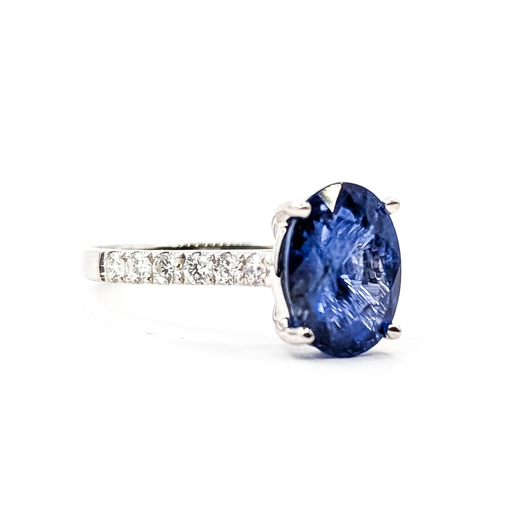Gracieuse bague de fiançailles en or blanc 18k avec saphir de Ceylan et diamant

Cette bague de fiançailles en or blanc 18 carats est ornée d'un saphir bleu de Ceylan lumineux de 3,65 carats, prisé pour sa teinte à la fois douce et vibrante. Le