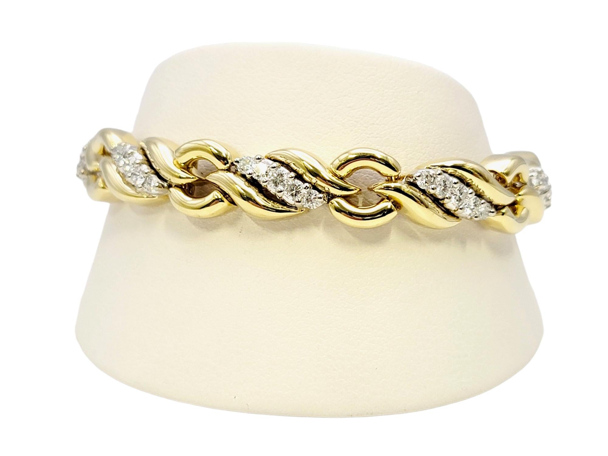 Graceful Diamond Wave and Circle Link Bracelet 18 Karat Yellow and White Gold For Sale 4