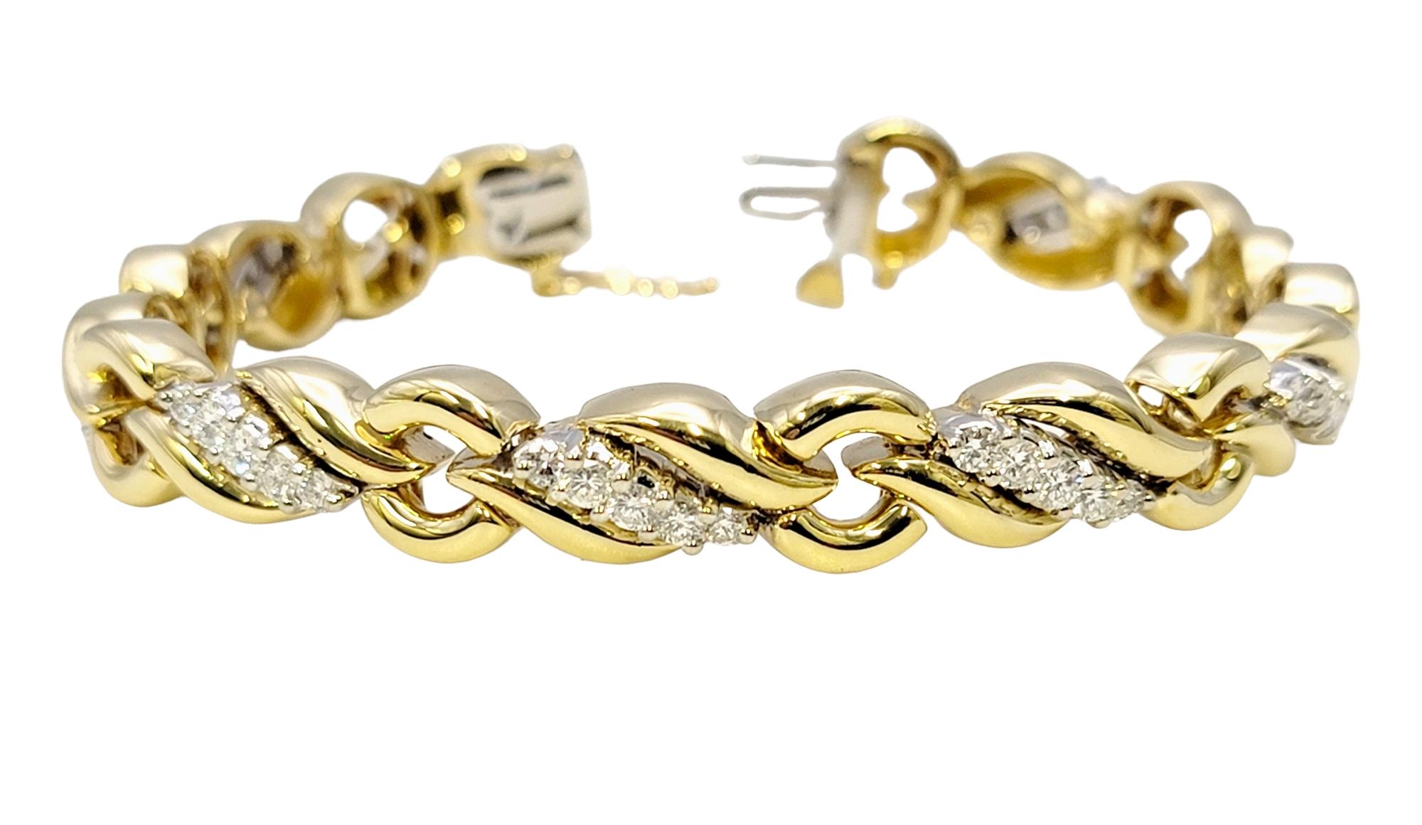 Round Cut Graceful Diamond Wave and Circle Link Bracelet 18 Karat Yellow and White Gold For Sale