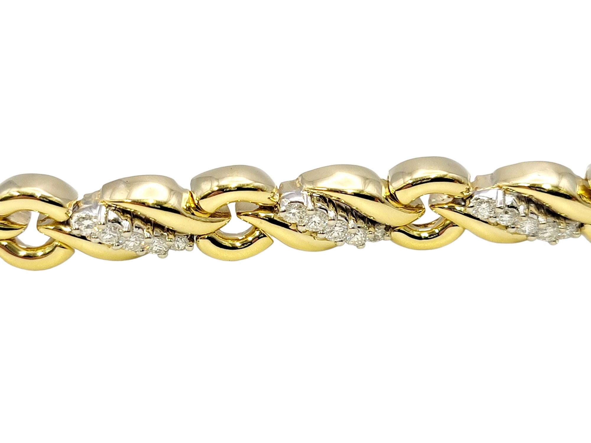 Graceful Diamond Wave and Circle Link Bracelet 18 Karat Yellow and White Gold In Good Condition For Sale In Scottsdale, AZ