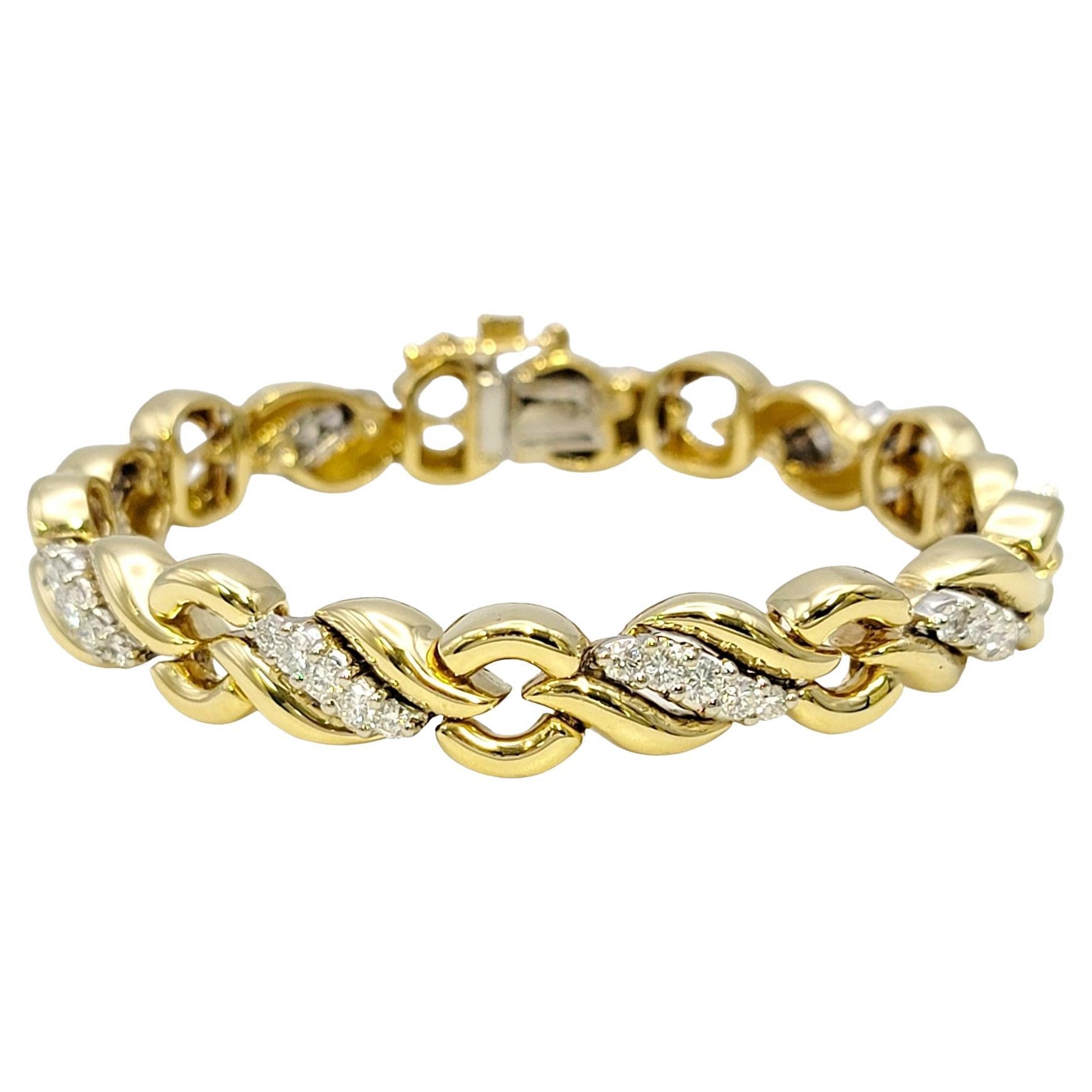 Graceful Diamond Wave and Circle Link Bracelet 18 Karat Yellow and White Gold