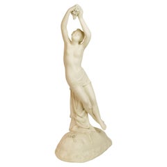 Antique Graceful English Parian Statue of Semi-Nude Lady Holding Grapes above Her Head