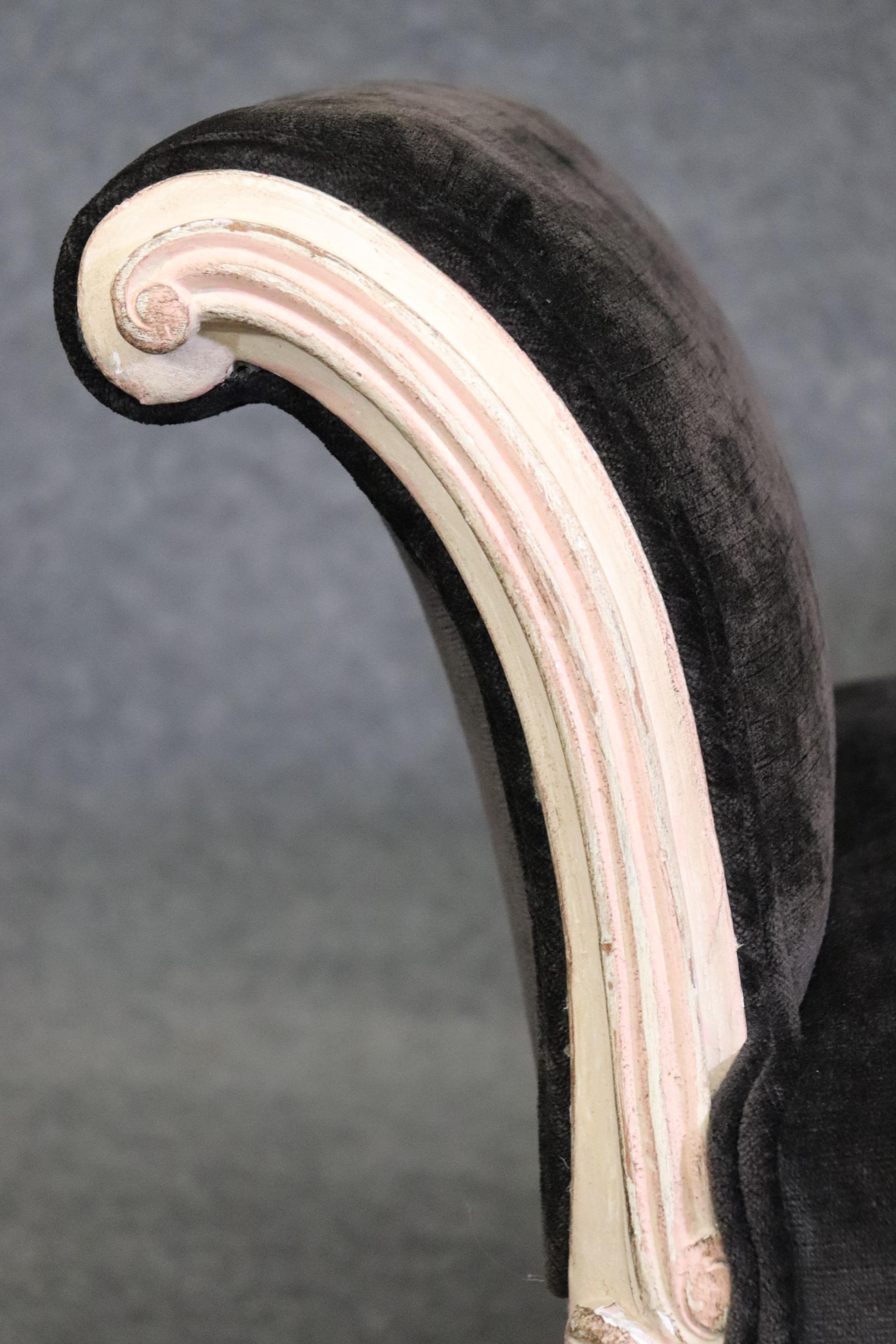Graceful French Louis XV Black Velvet Upholstered Distressed White Painted Stool For Sale 7
