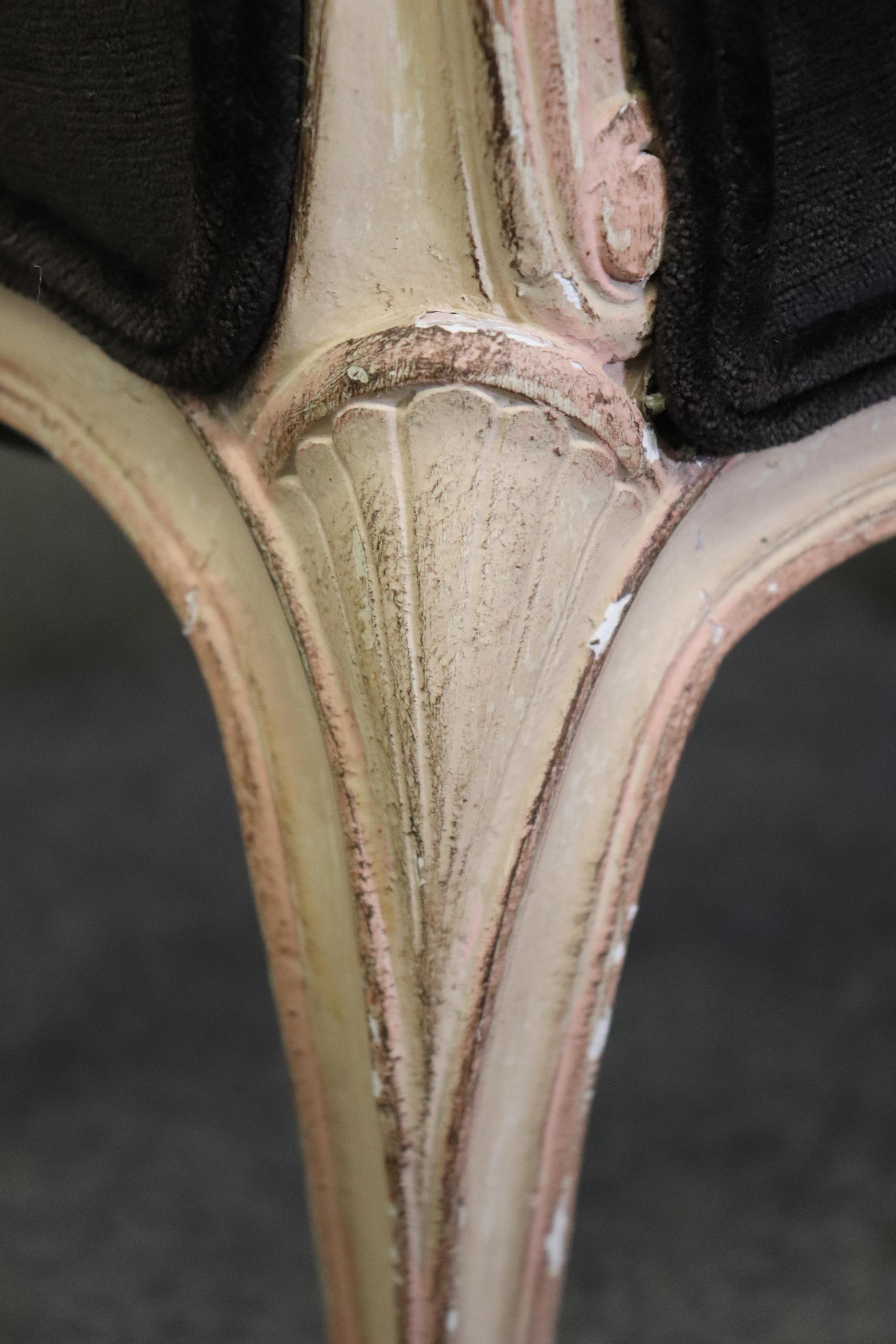 Graceful French Louis XV Black Velvet Upholstered Distressed White Painted Stool For Sale 8