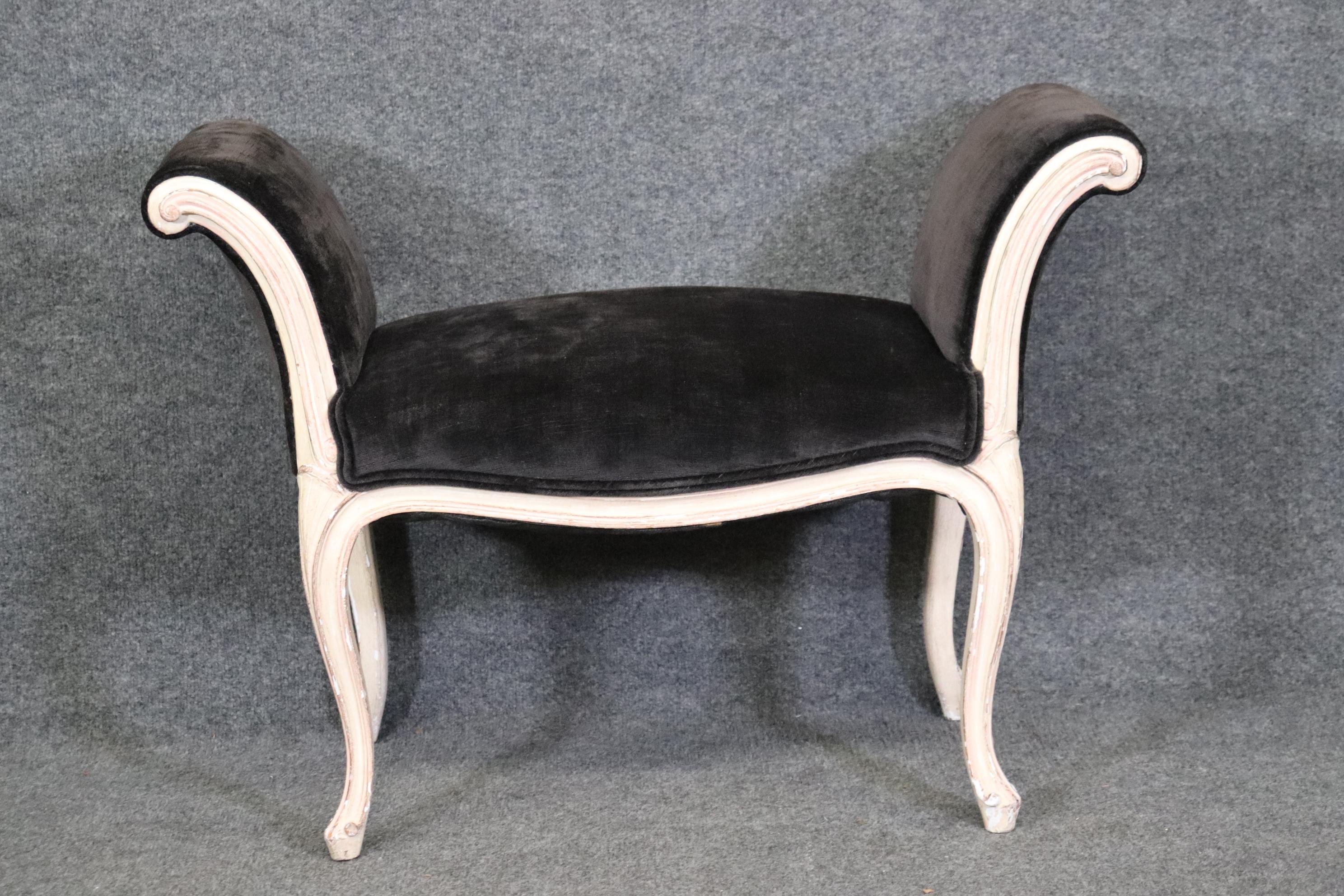 Mid-20th Century Graceful French Louis XV Black Velvet Upholstered Distressed White Painted Stool For Sale