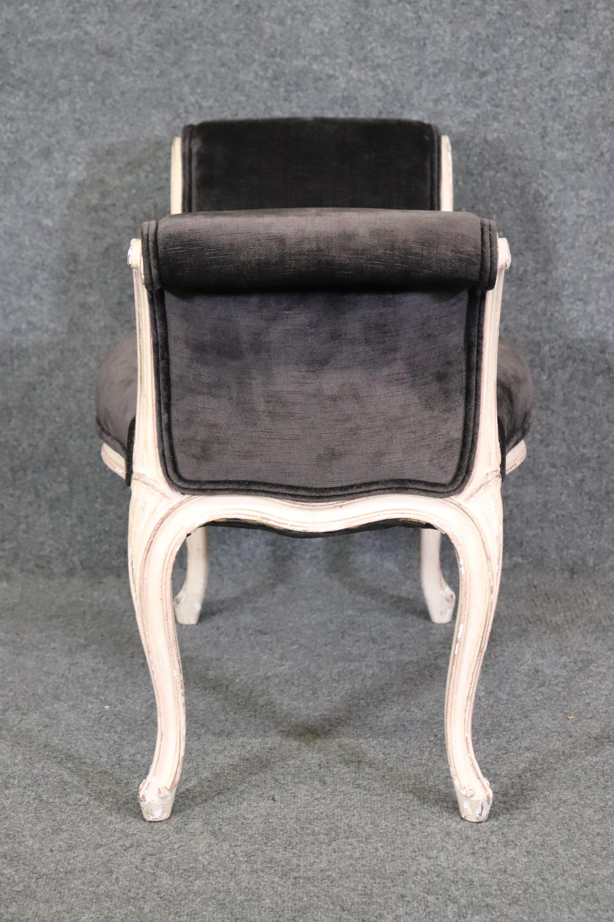 Graceful French Louis XV Black Velvet Upholstered Distressed White Painted Stool For Sale 1