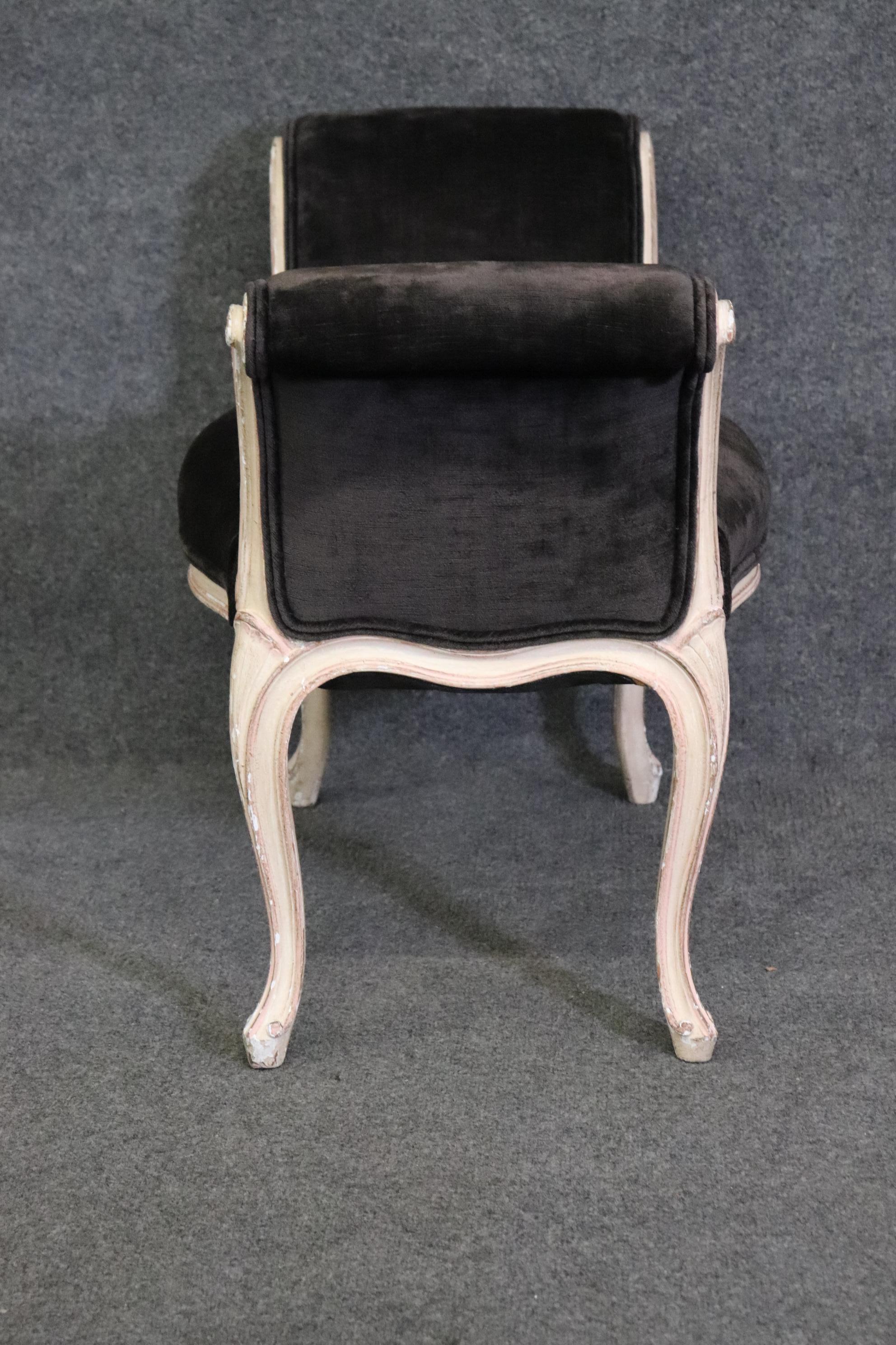 Graceful French Louis XV Black Velvet Upholstered Distressed White Painted Stool For Sale 3