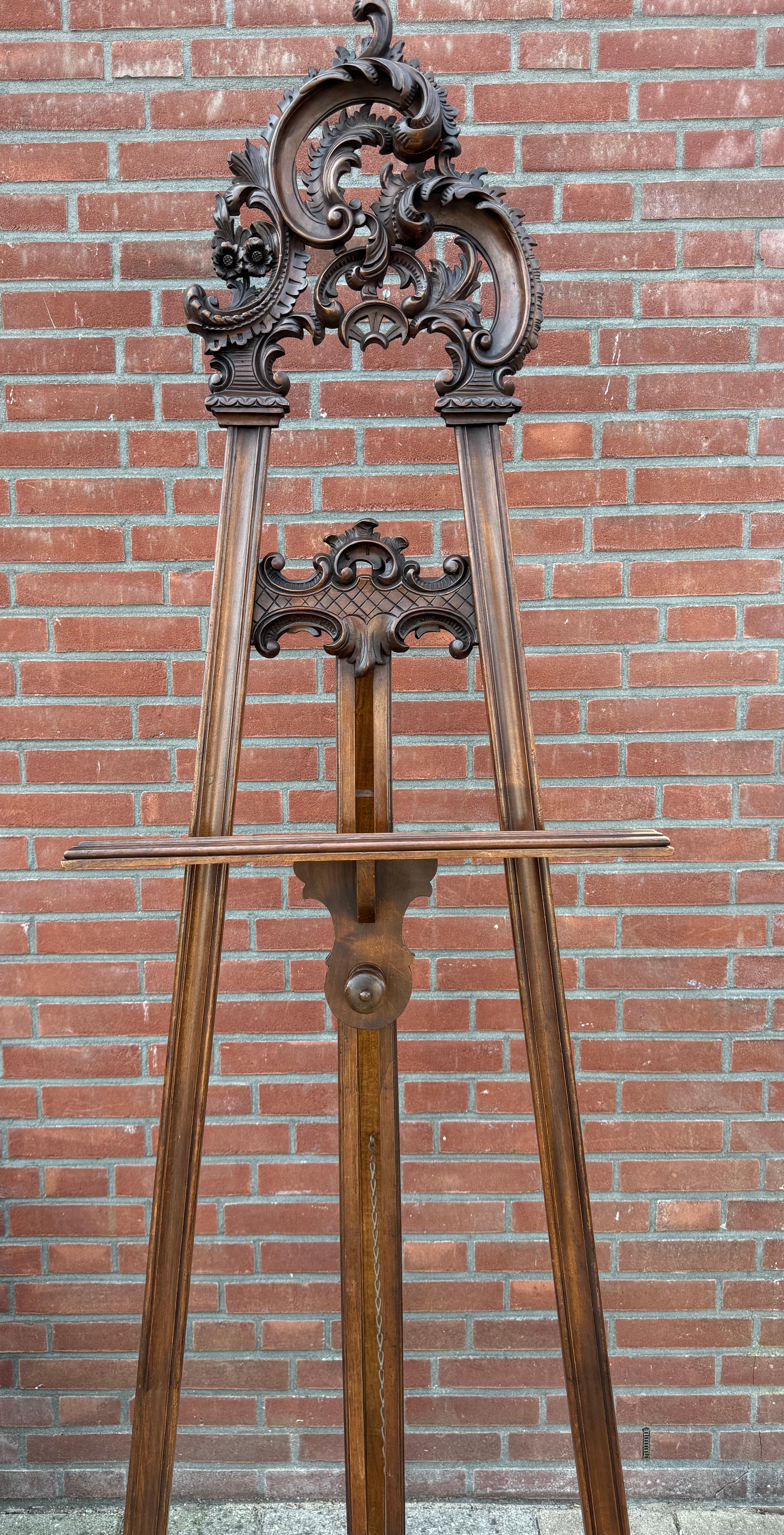 Rococo Revival Graceful & Hand Carved Antique, Early 1900 Floor Easel / Artist Display Stand For Sale
