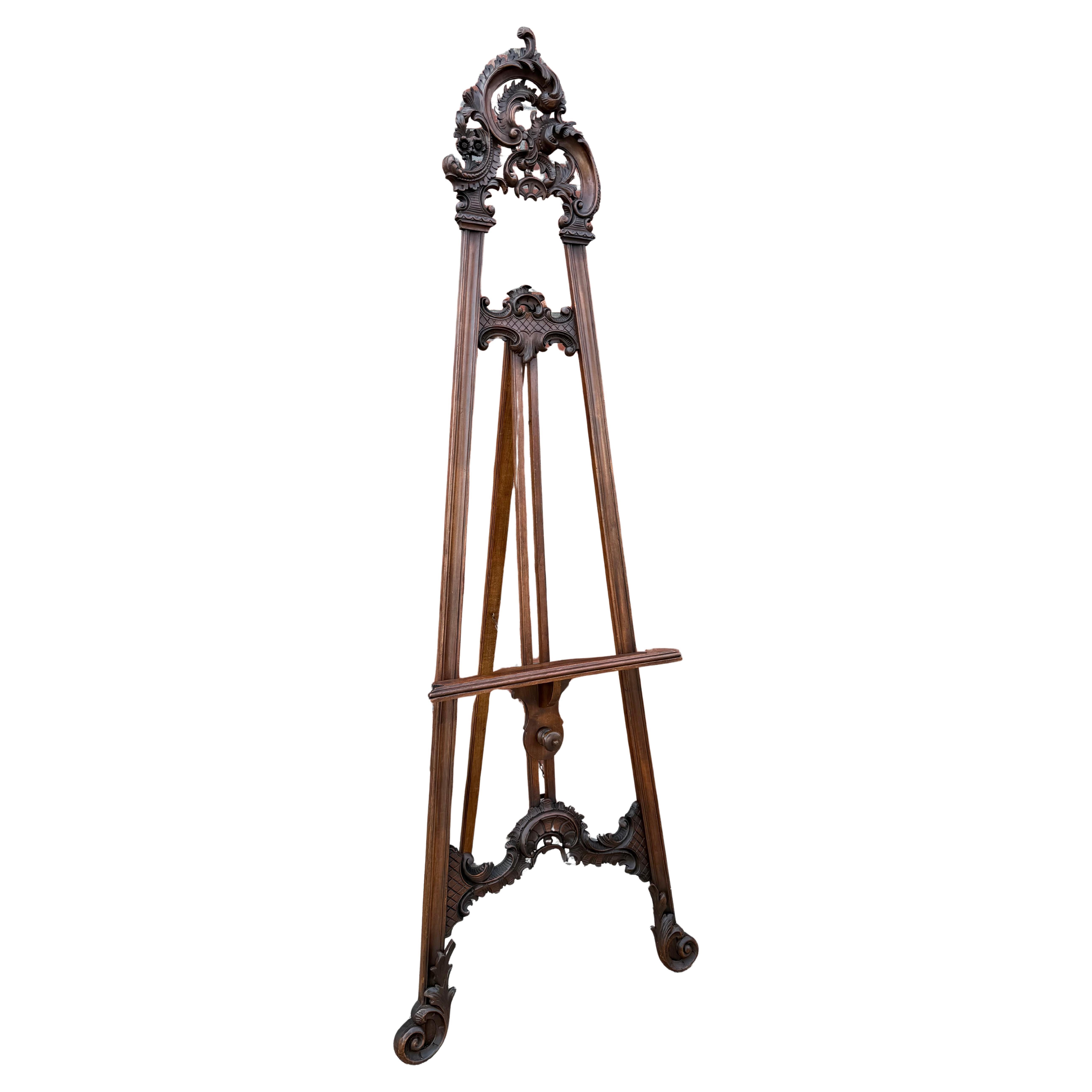 Graceful & Hand Carved Antique, Early 1900 Floor Easel / Artist Display Stand For Sale