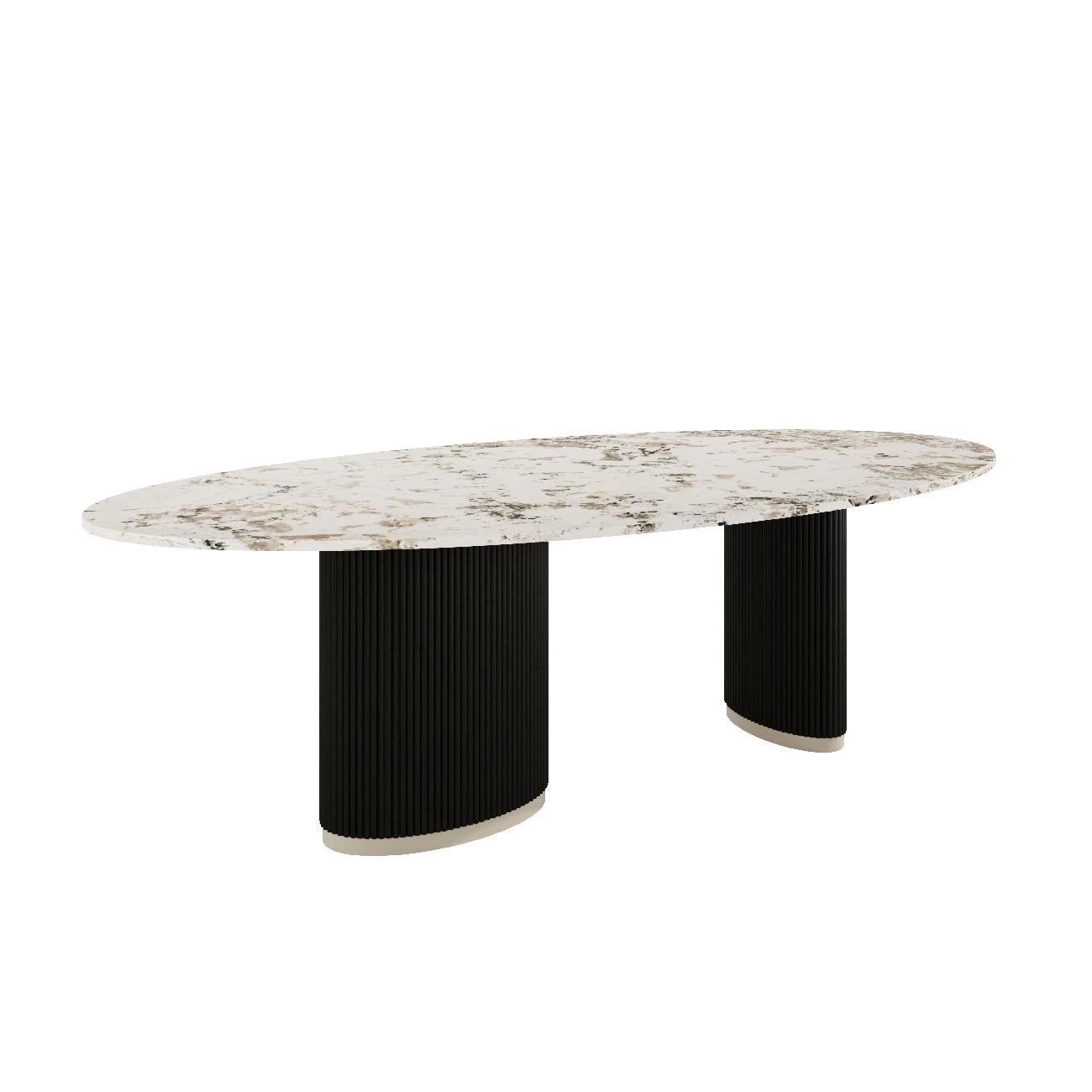 Graceful is a sophisticated and elegant dining table.

A design where soft lines meet visually striking details. The beauty of the natural stone top and the natural wood ribbed legs make this piece a true work of art. Responding to the needs of each