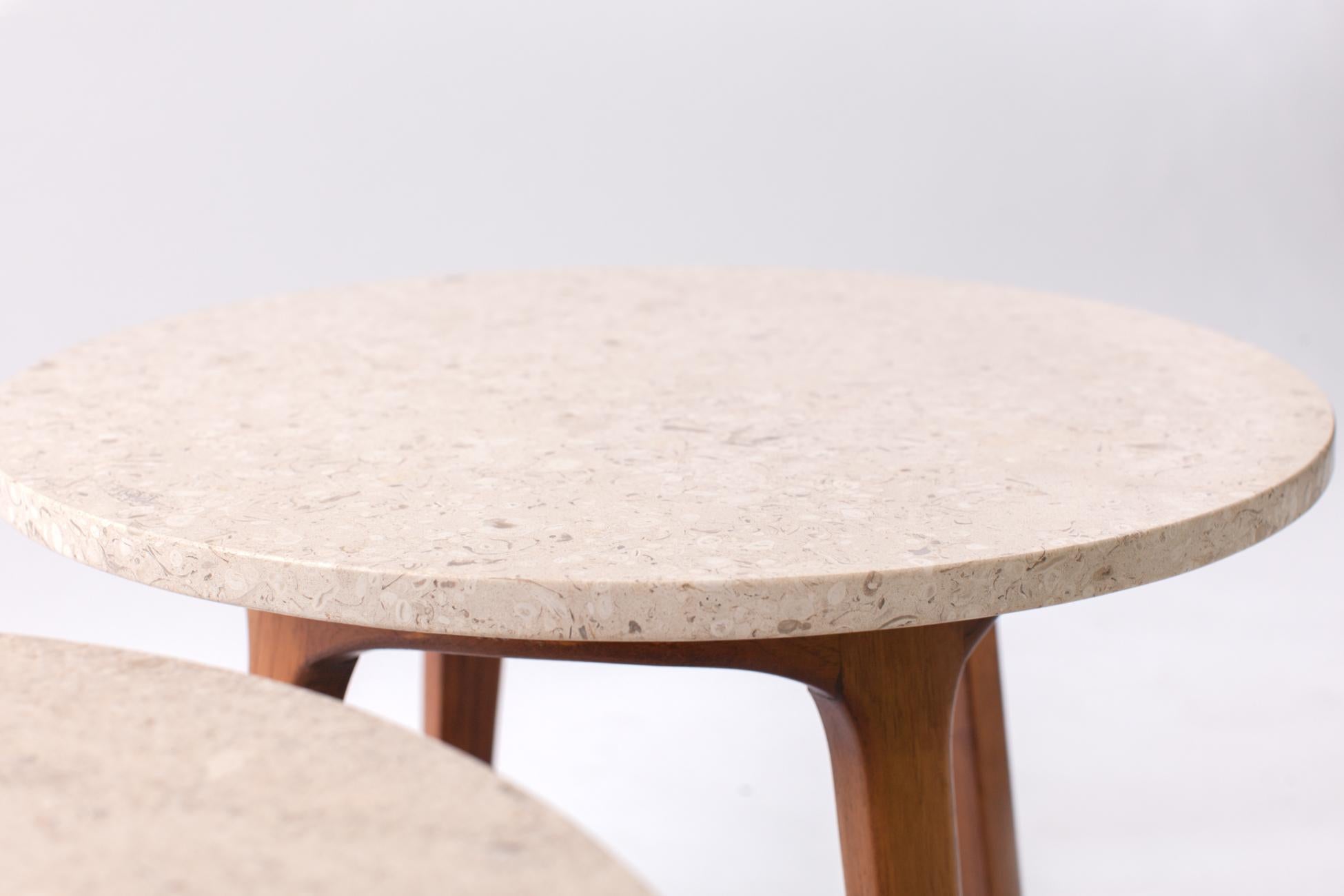 Graceful Pair of Round Marble and Walnut End Tables Itso Adrian Pearsall, 1960's In Good Condition In New York, NY