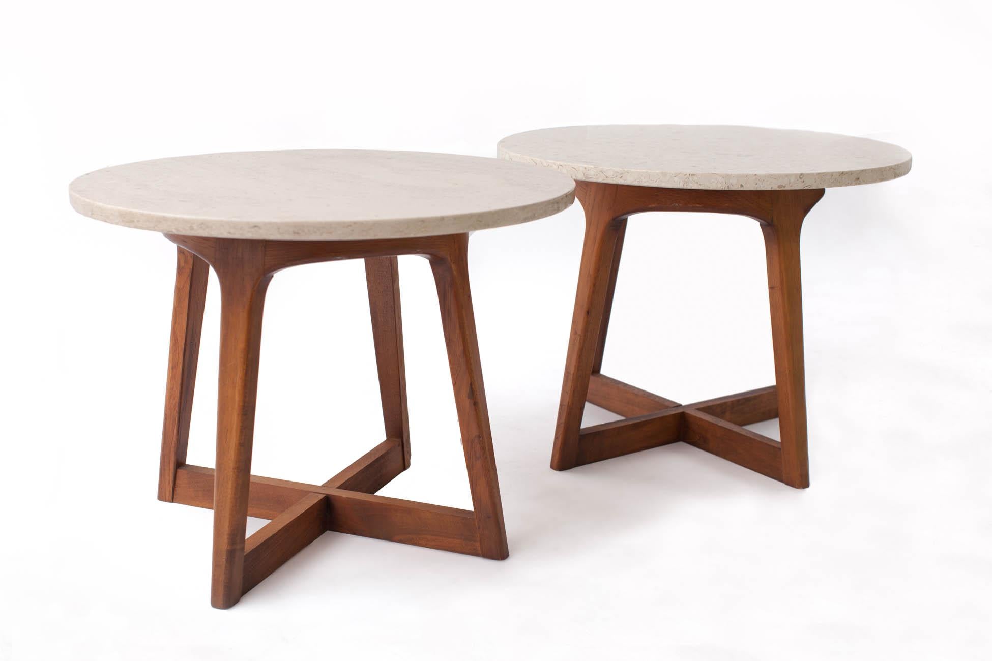 Limestone Graceful Pair of Round Marble and Walnut End Tables Itso Adrian Pearsall, 1960's