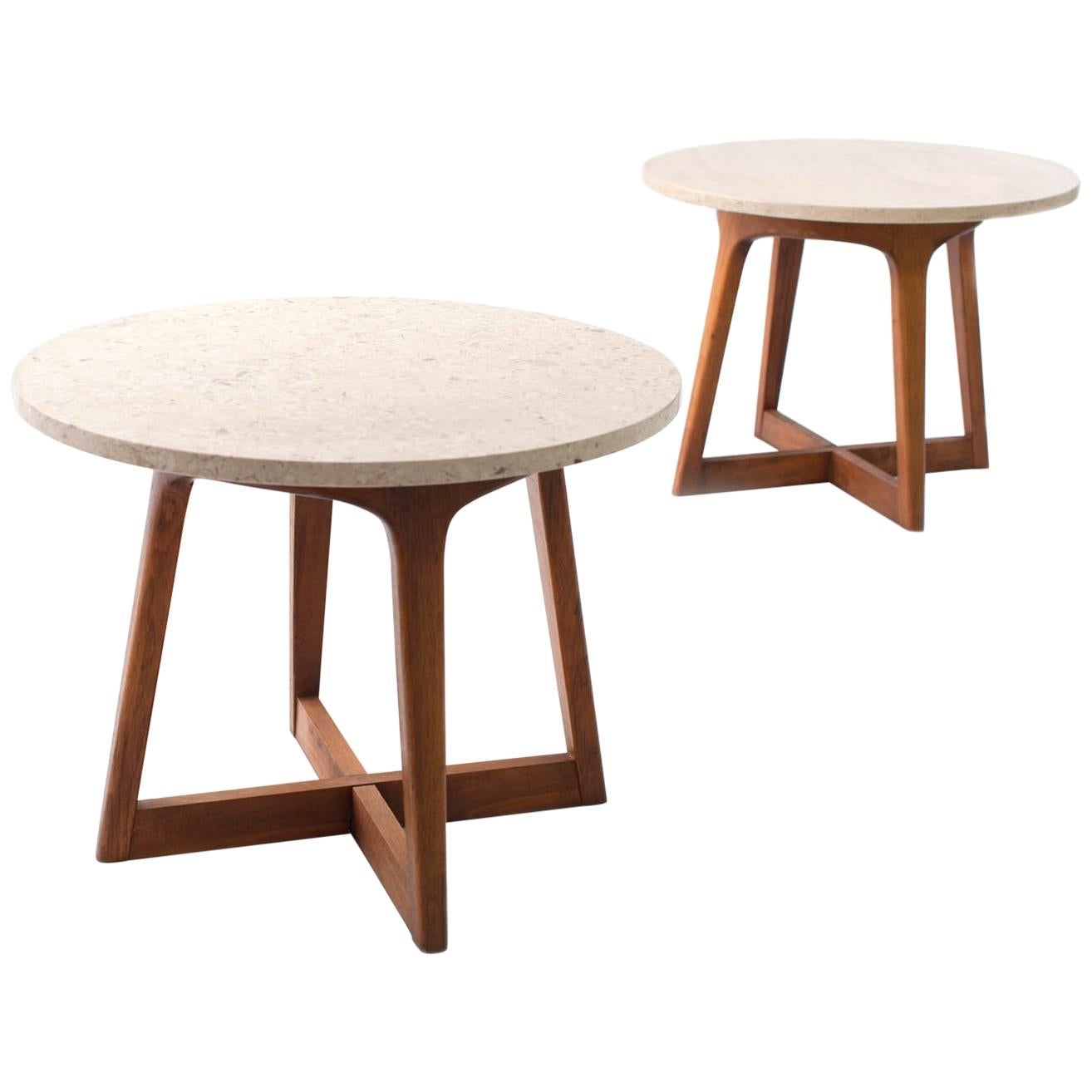 Graceful Pair of Round Marble and Walnut End Tables Itso Adrian Pearsall, 1960's