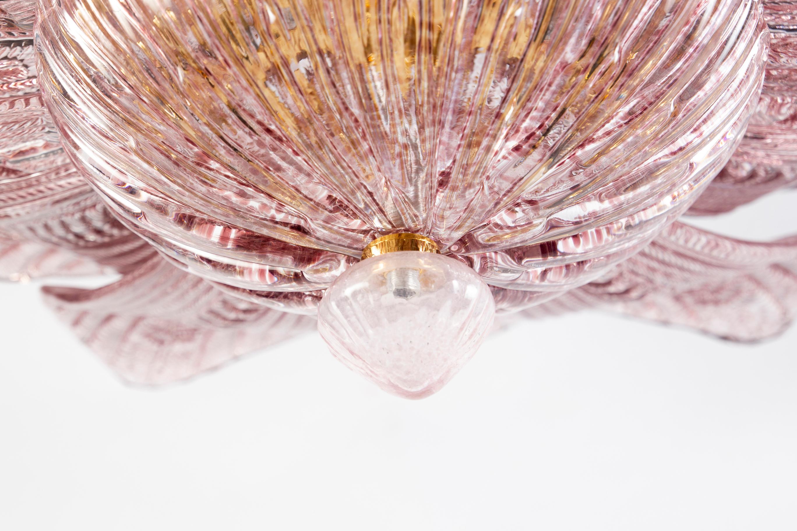 Italian Graceful Pink Amethyst Murano Glass Leave Ceiling Light or Chandelier