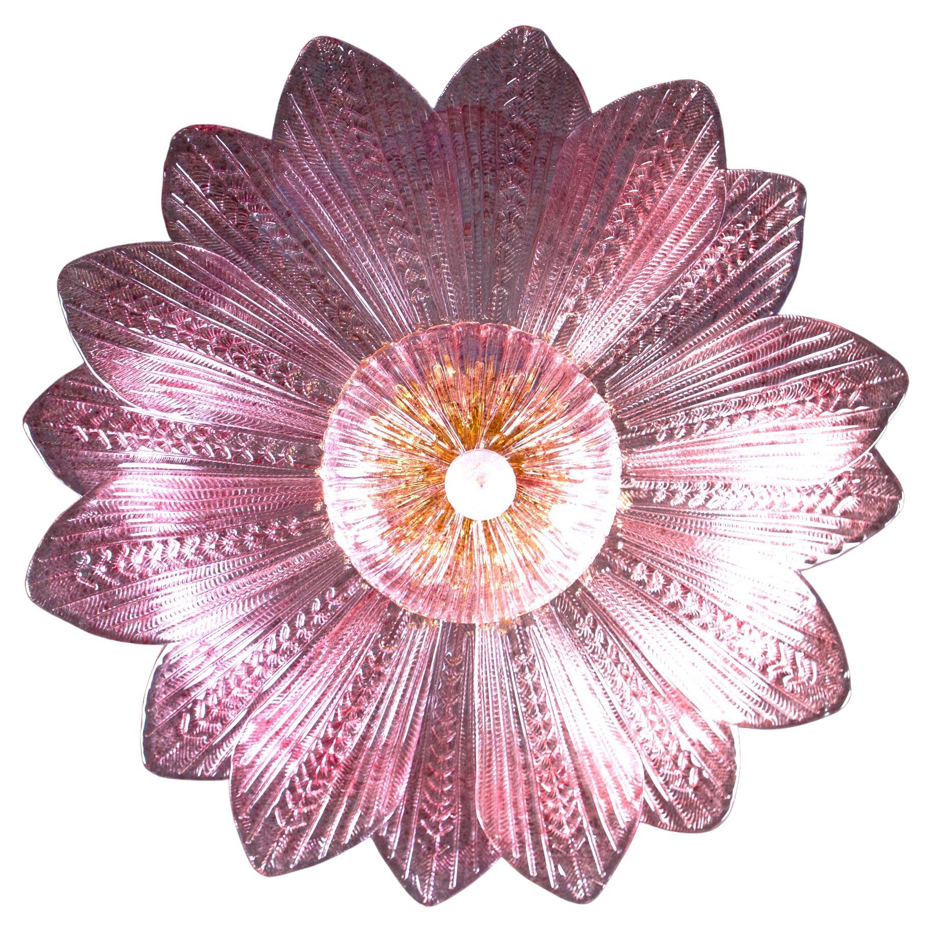  Graceful Pink Amethyst Murano Glass Leave Ceiling Light or Chandelier For Sale