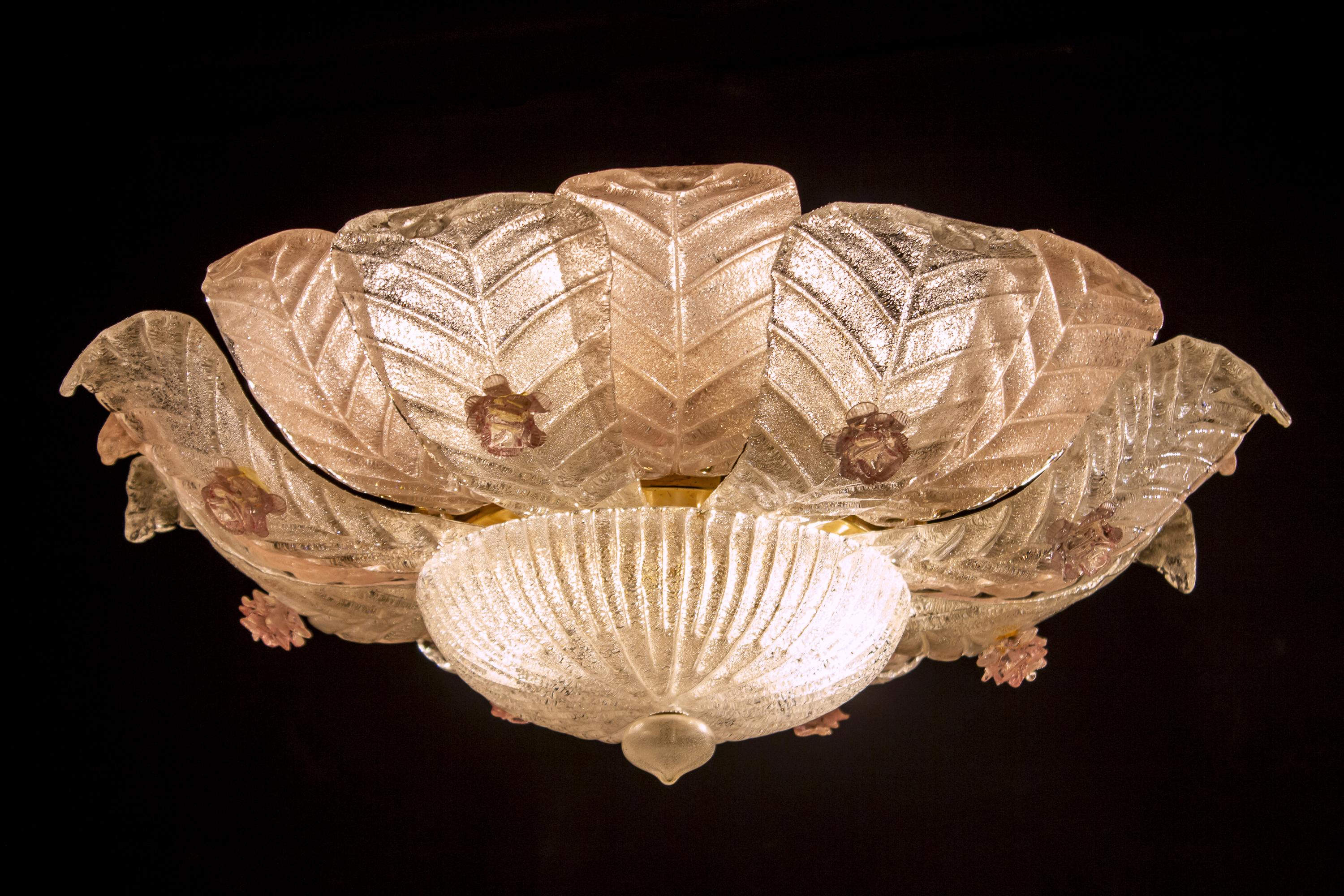 Graceful Pink  Leaves Barovier & Toso Attrib. Murano Glass Ceiling Light, 1960 7