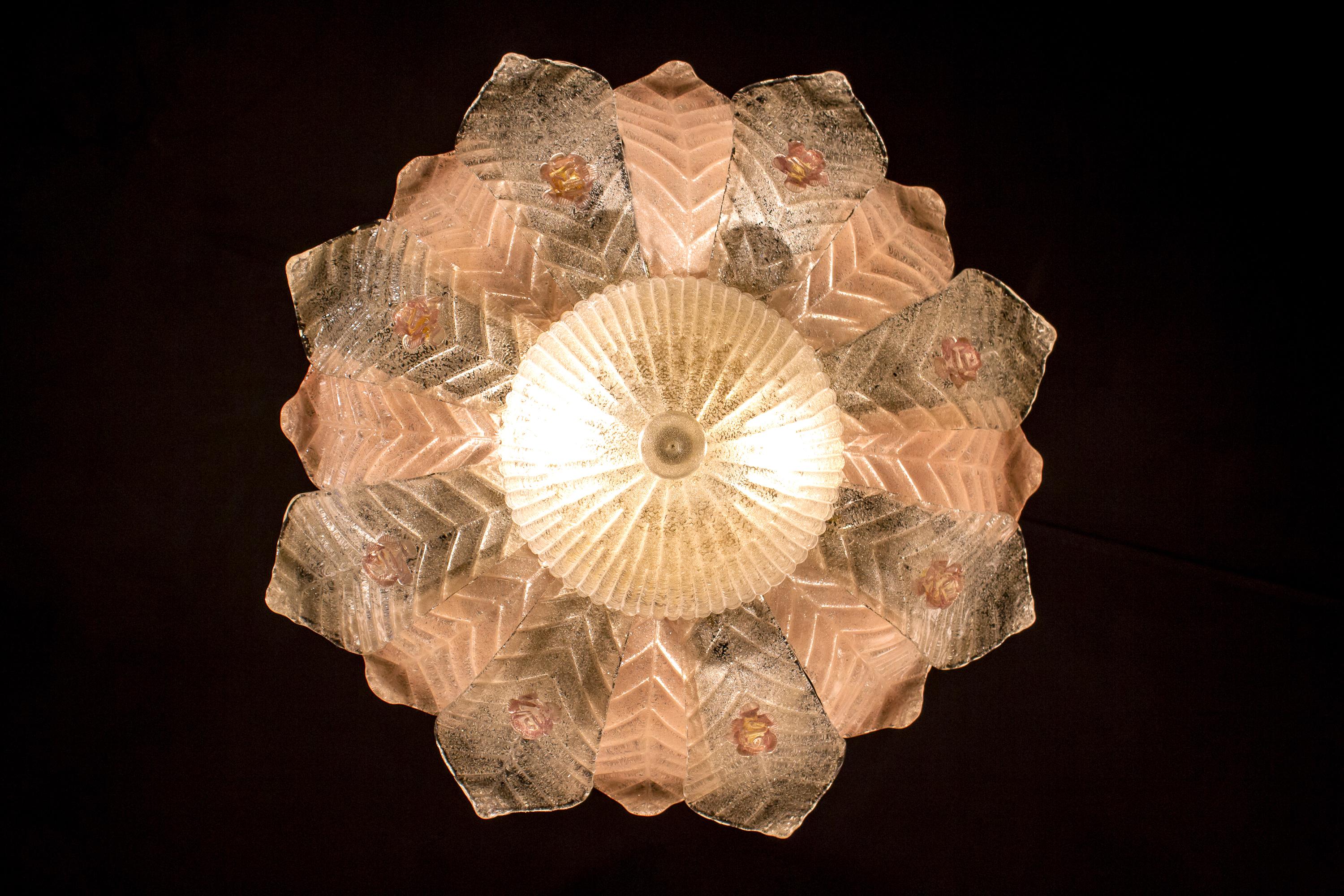 Graceful Pink  Leaves Barovier & Toso Attrib. Murano Glass Ceiling Light, 1960 8