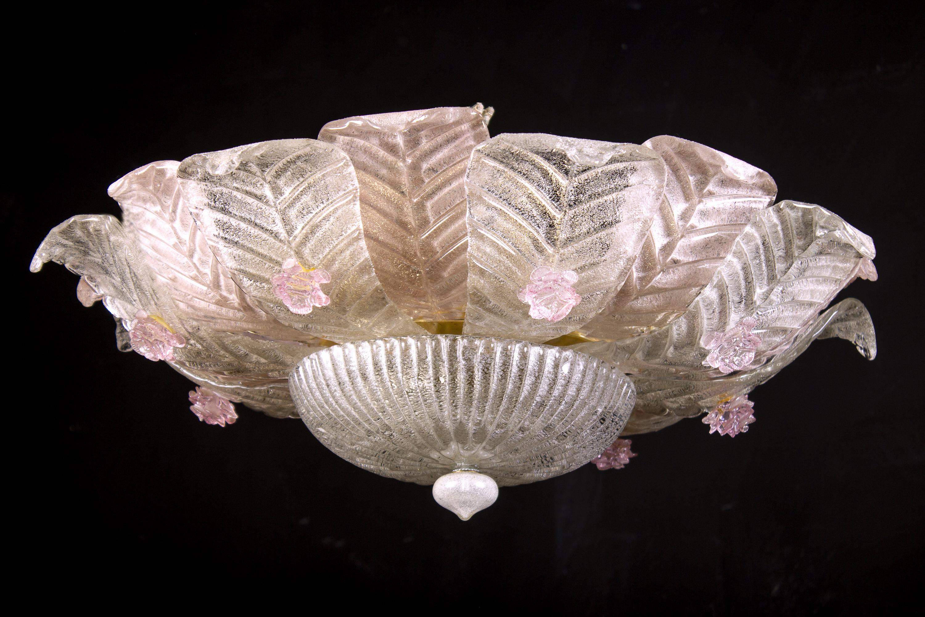 Blown Glass Graceful Pink  Leaves Barovier & Toso Attrib. Murano Glass Ceiling Light, 1960