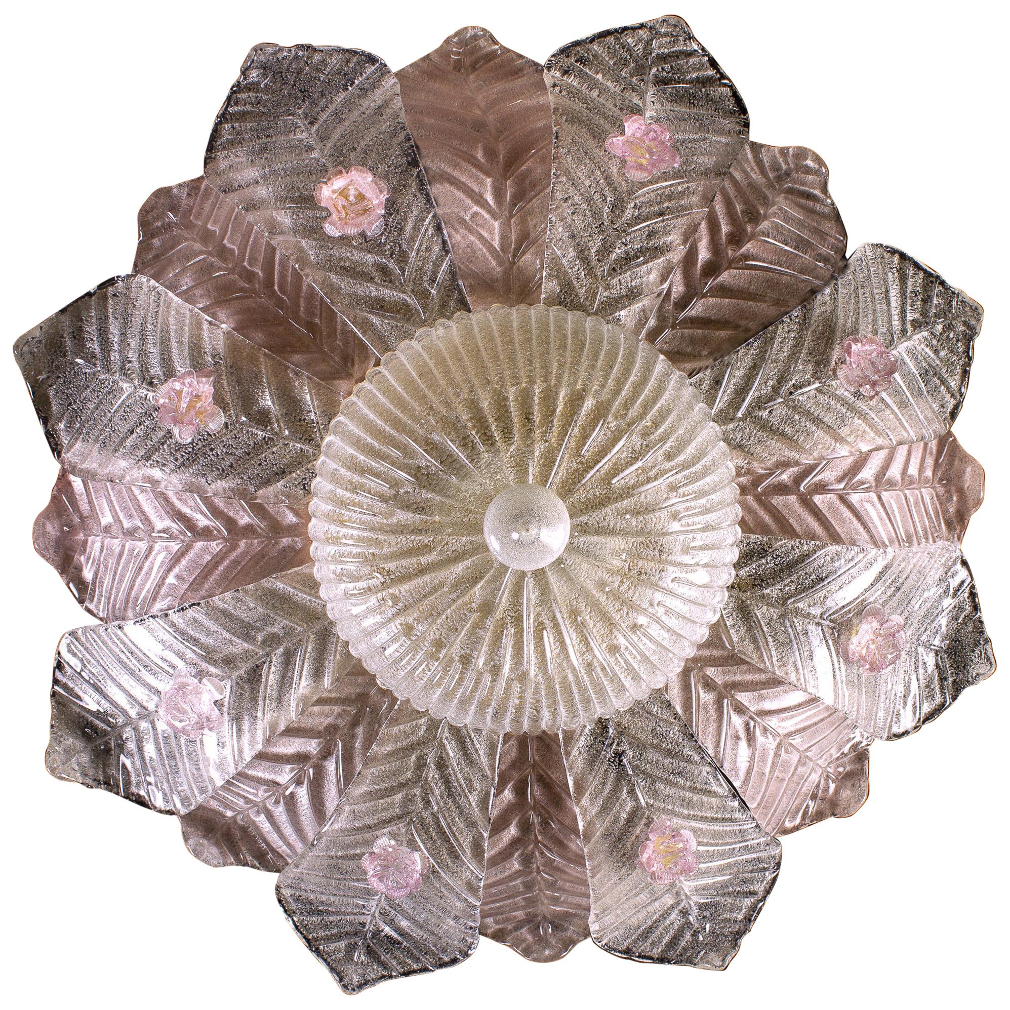 Graceful Pink  Leaves Barovier & Toso Attrib. Murano Glass Ceiling Light, 1960