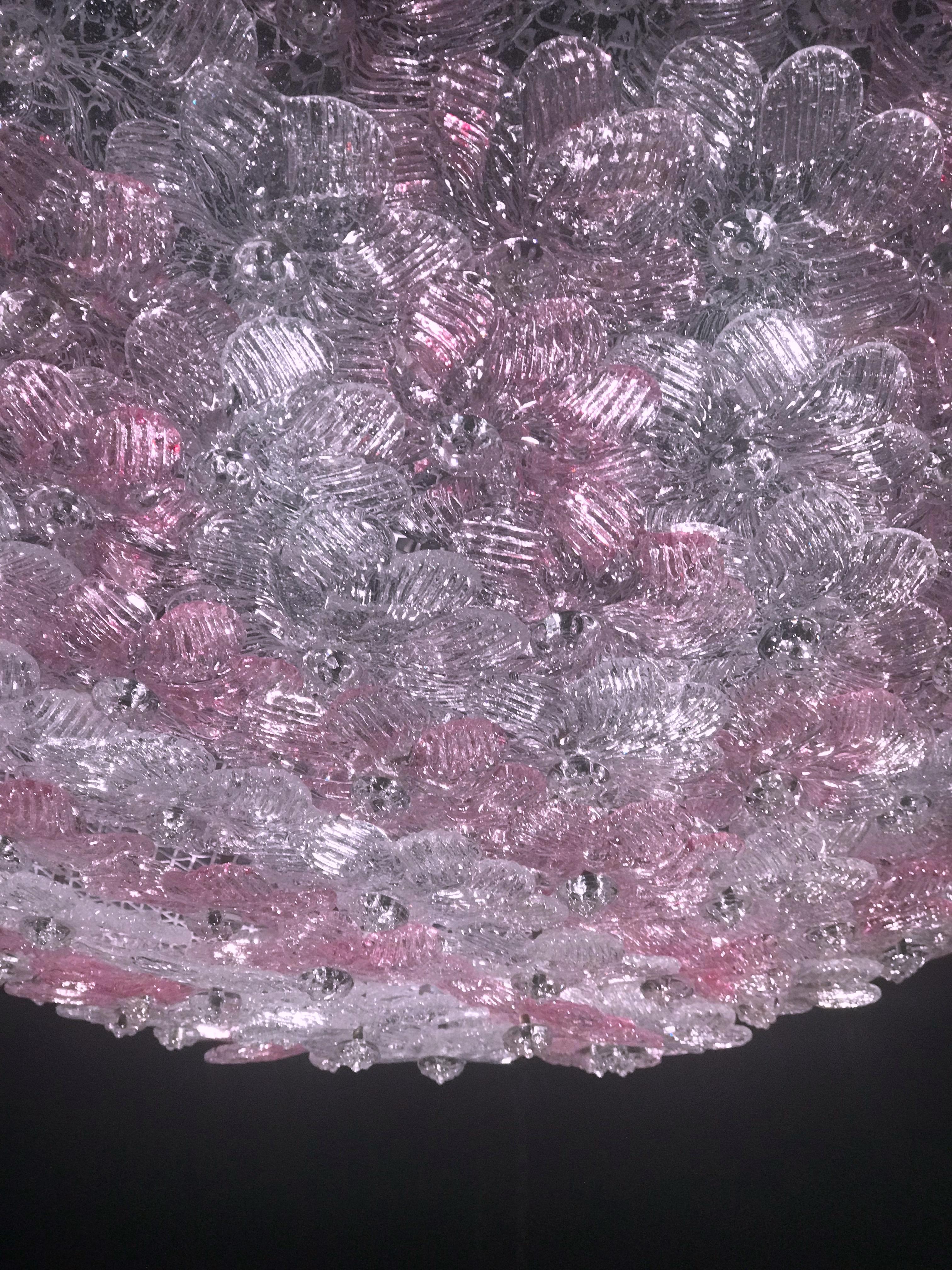 Graceful Pink and Ice Midcentury Flowers Basket Murano Glass Ceiling Light For Sale 3