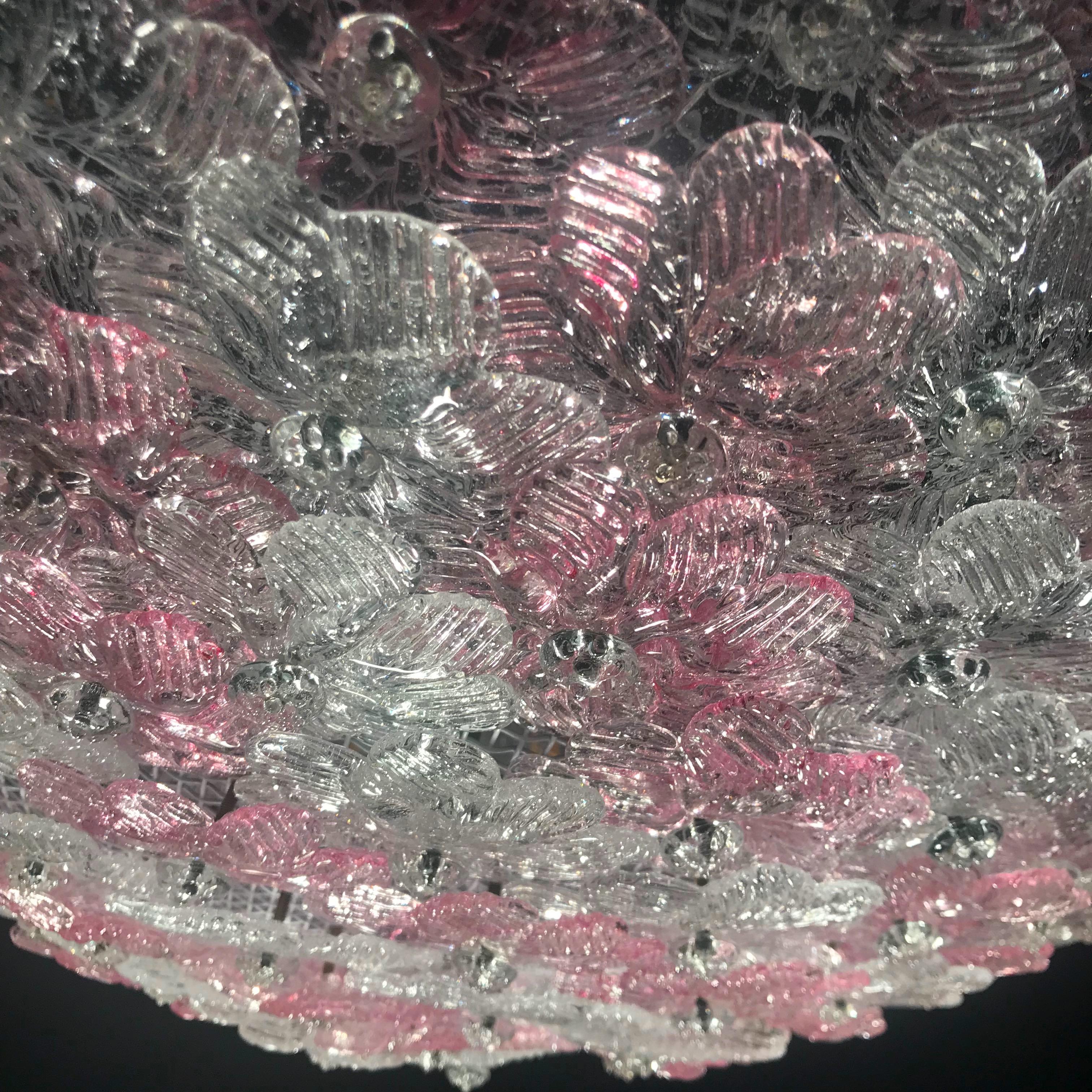 Graceful Pink and Ice Midcentury Flowers Basket Murano Glass Ceiling Light For Sale 6