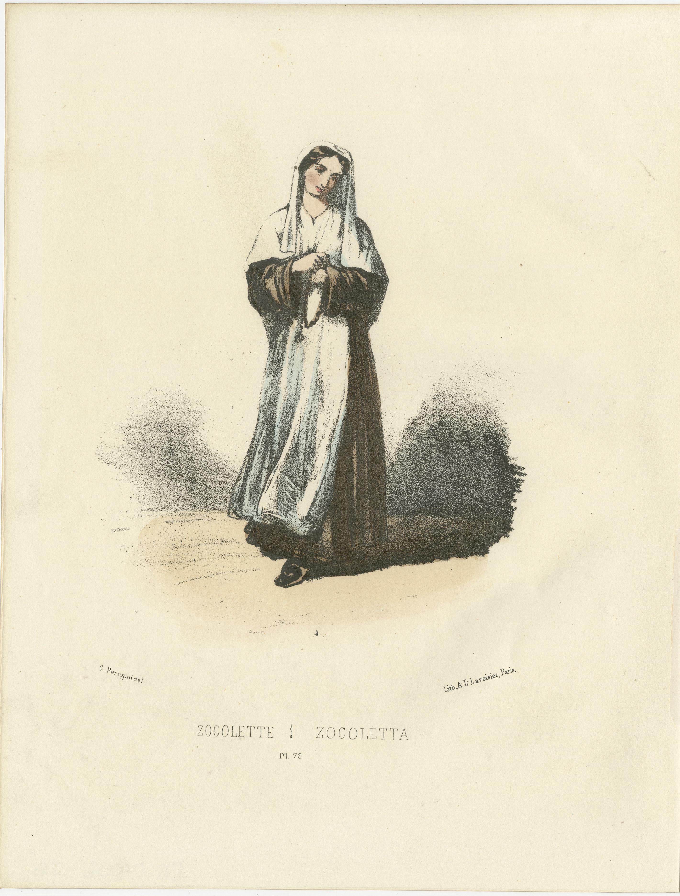 Graceful Simplicity: Handcolored Print of a Zocolette Nun, Plate 79, 1862  
 
This charming hand-colored lithograph, Graceful Simplicity, is Plate 79 from the 1862 second edition of Album ou Collection Complète, et Historique des Costumes de la Cour